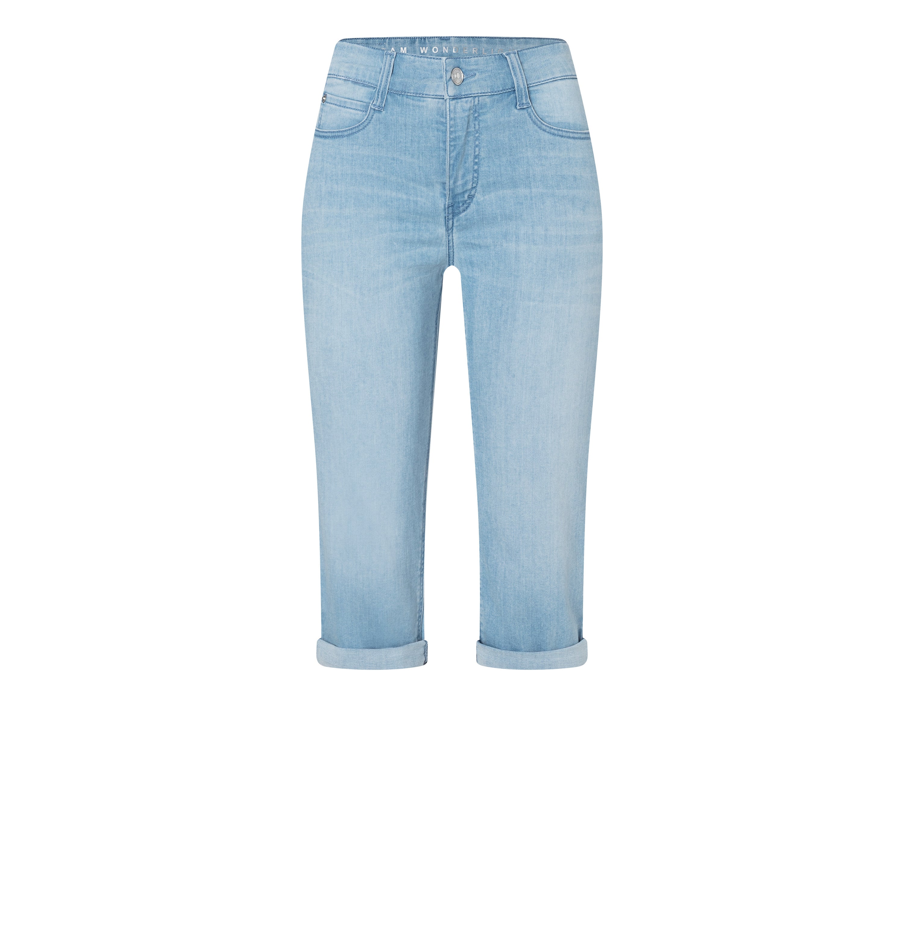 Light capri jeans with shaping effect. | DREAM SUN | summer sky wash | Front view of bust