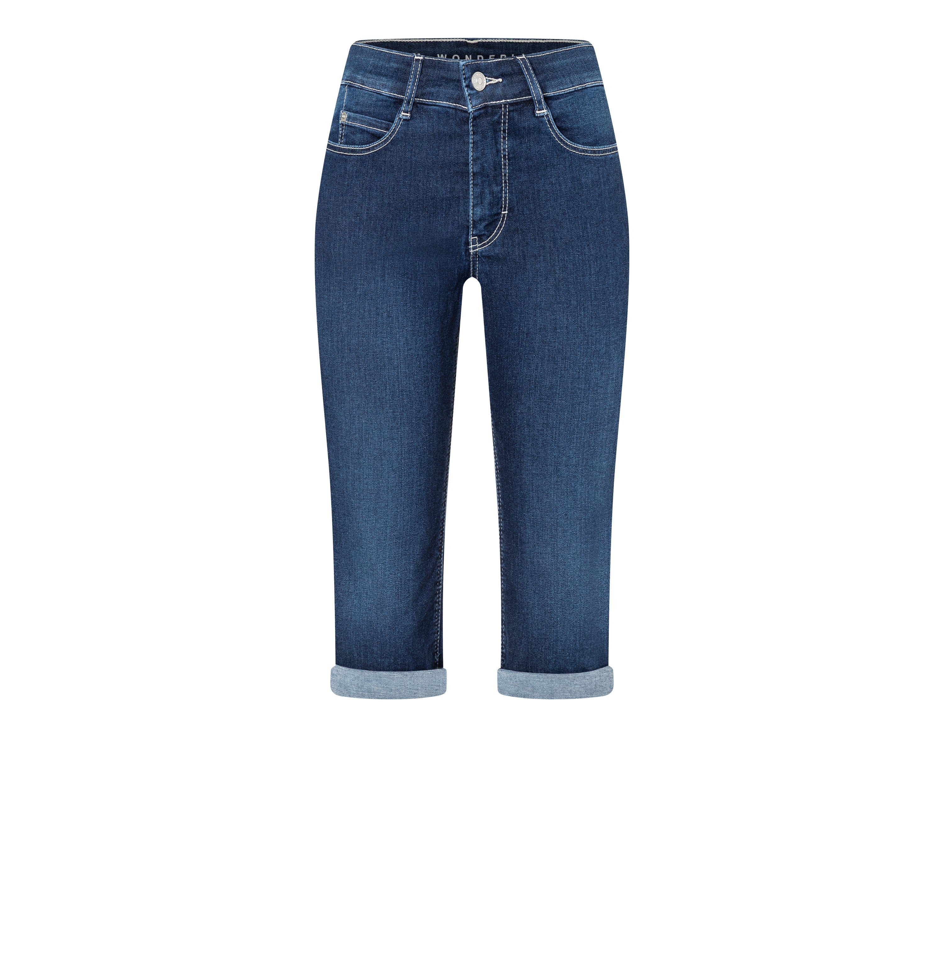 Light capri jeans with shaping effect. | DREAM SUN | dark blue basic used | Front view of bust