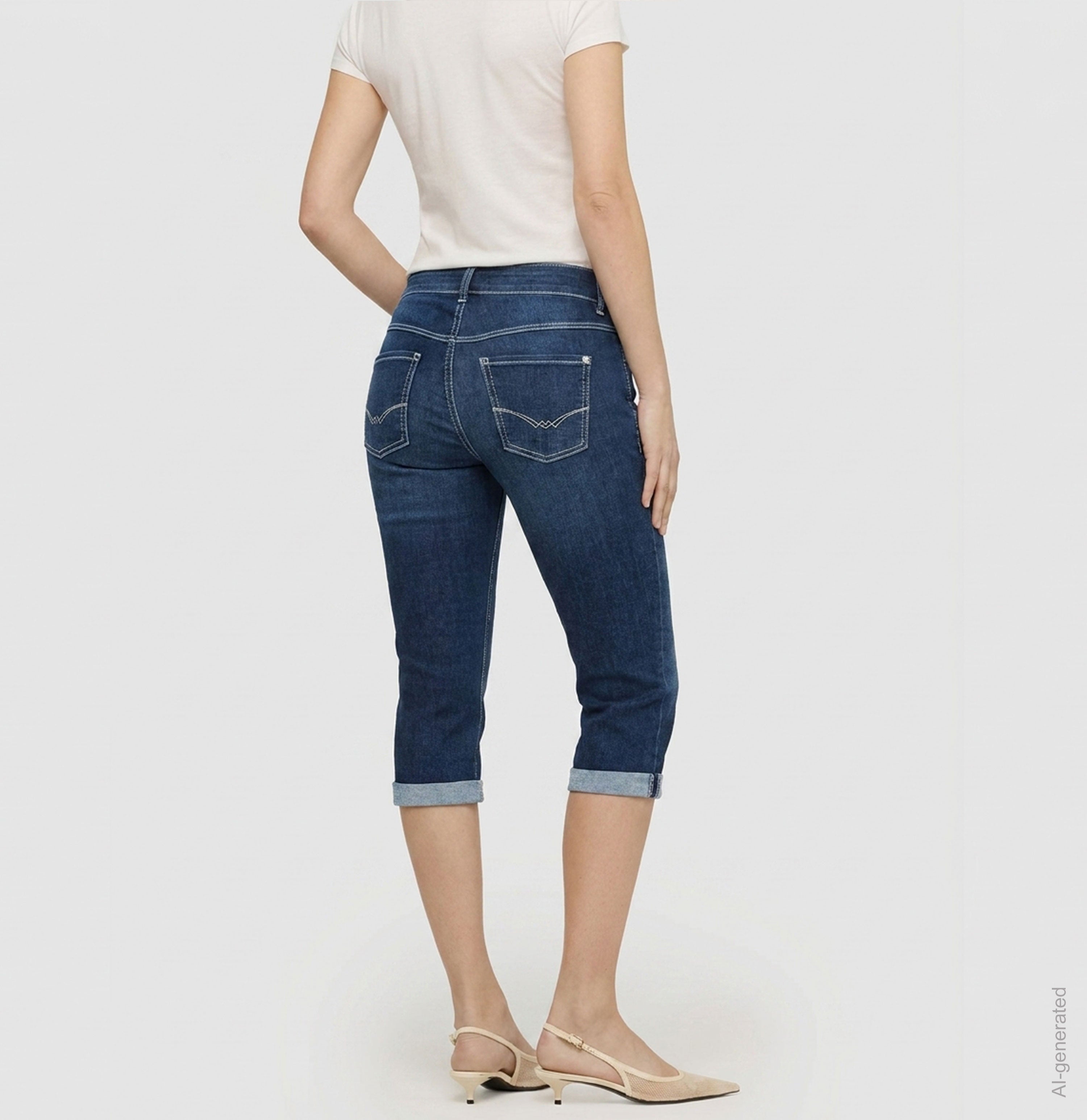 Light capri jeans with shaping effect. | DREAM SUN | dark blue basic used | Back view of model