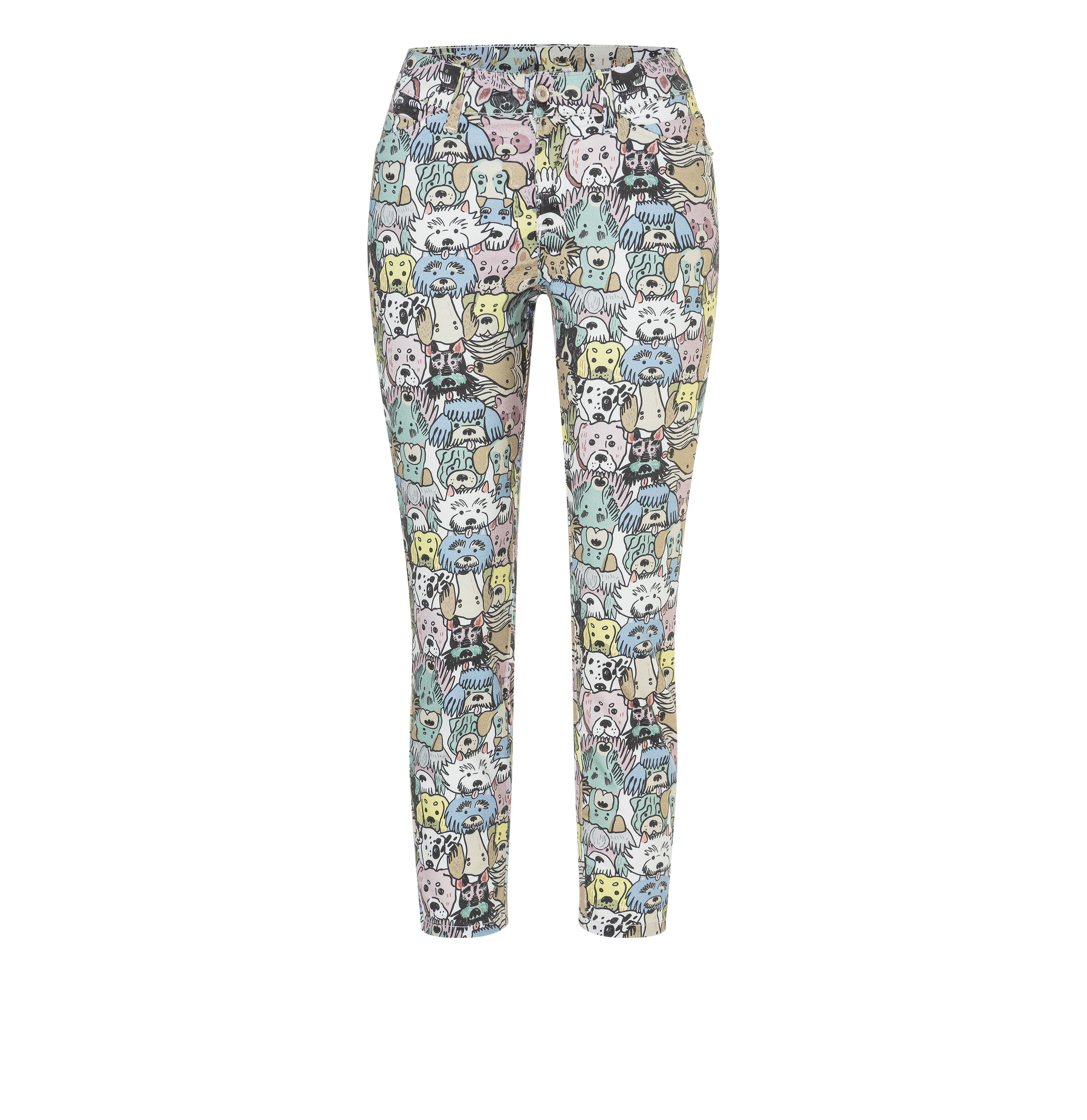 Slim shaping jeans with a modern pattern. | DREAM SUMMER | colored dog print | Front view of bust
