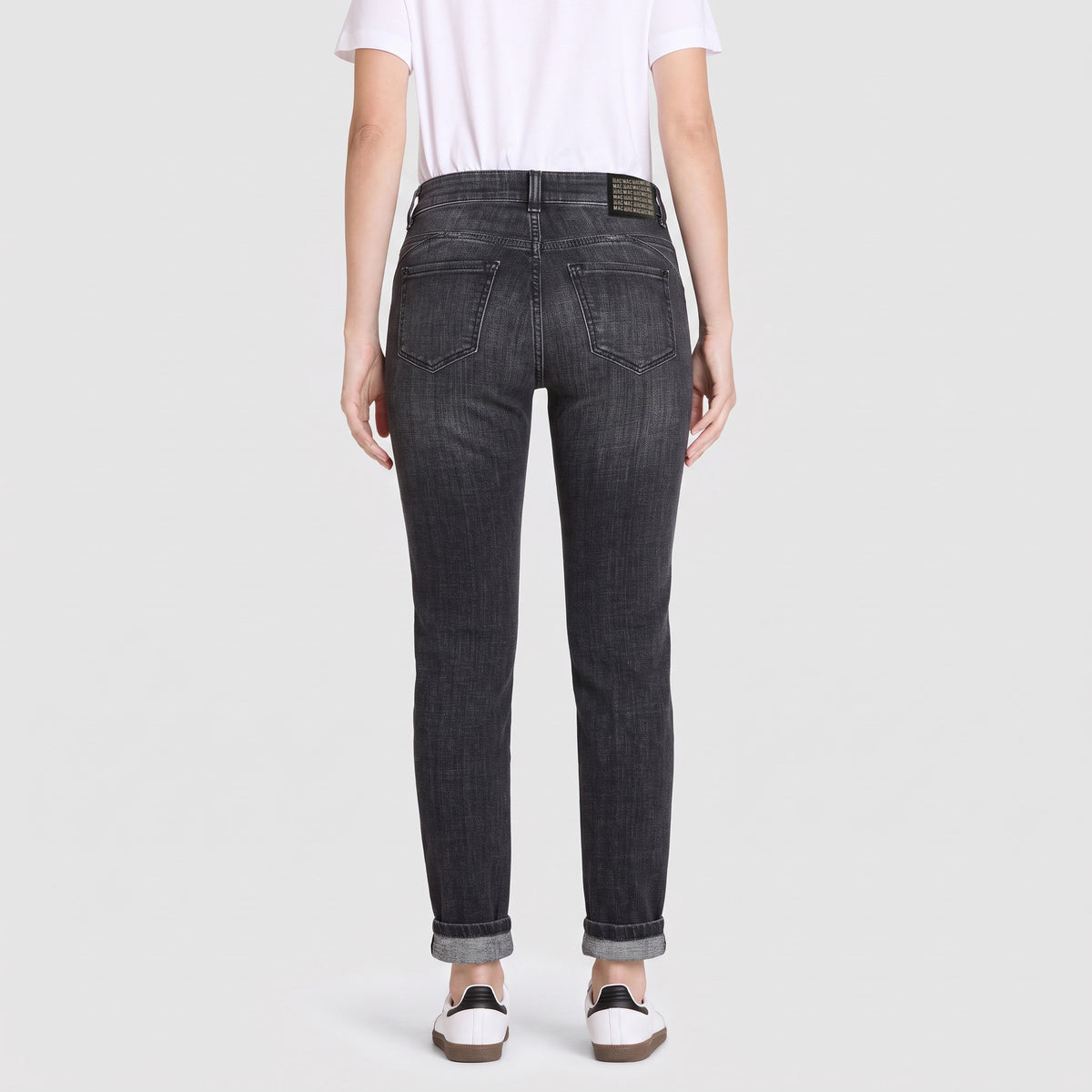 Slim jeans with pocket detail. | SLIM | dark grey used wash | Back view of model
