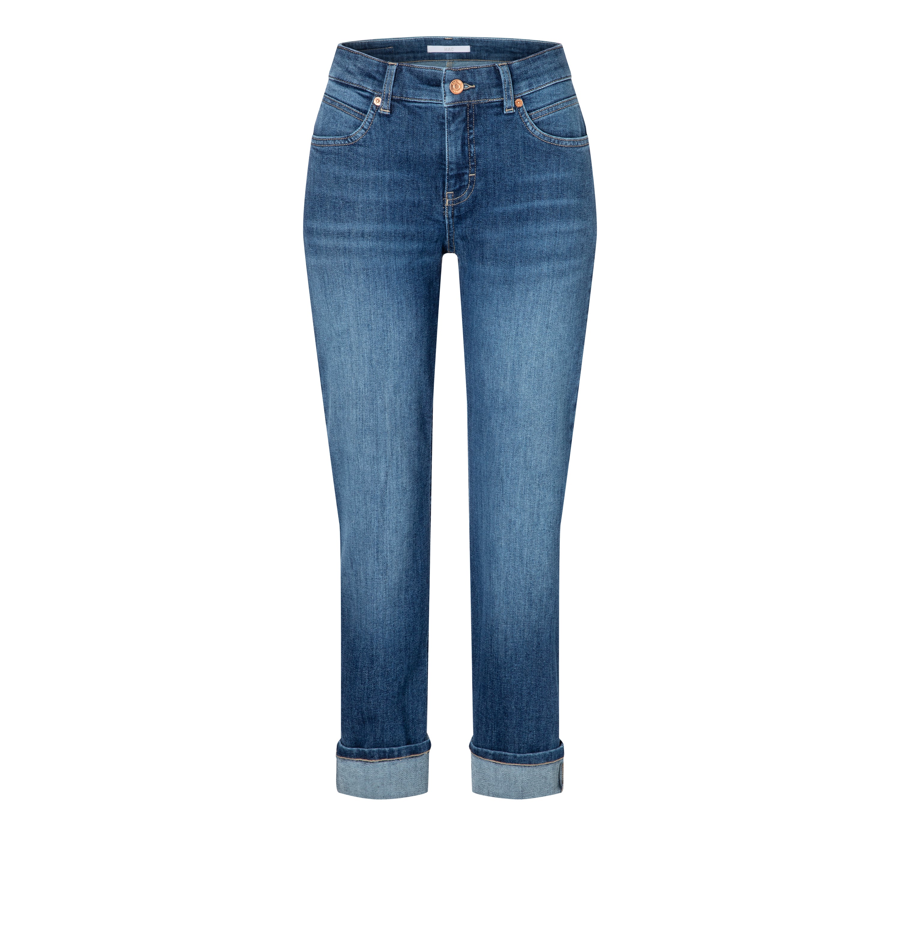 Straight jeans with turned-up hem. | SUE relax | indigo blue washed | Front view of bust