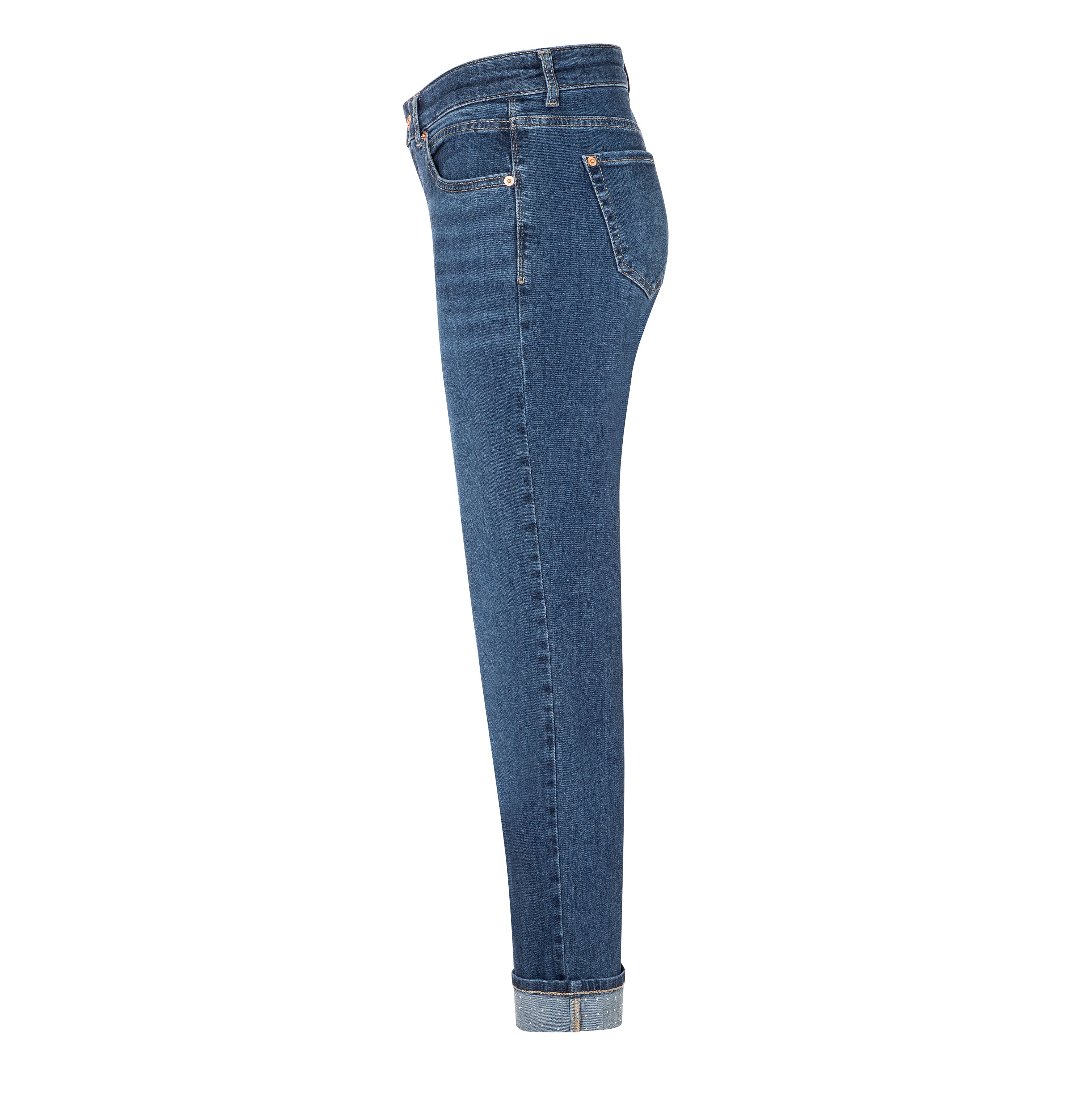 Straight jeans with turned-up hem. | SUE sparkle | indigo blue washed | Side view of bust