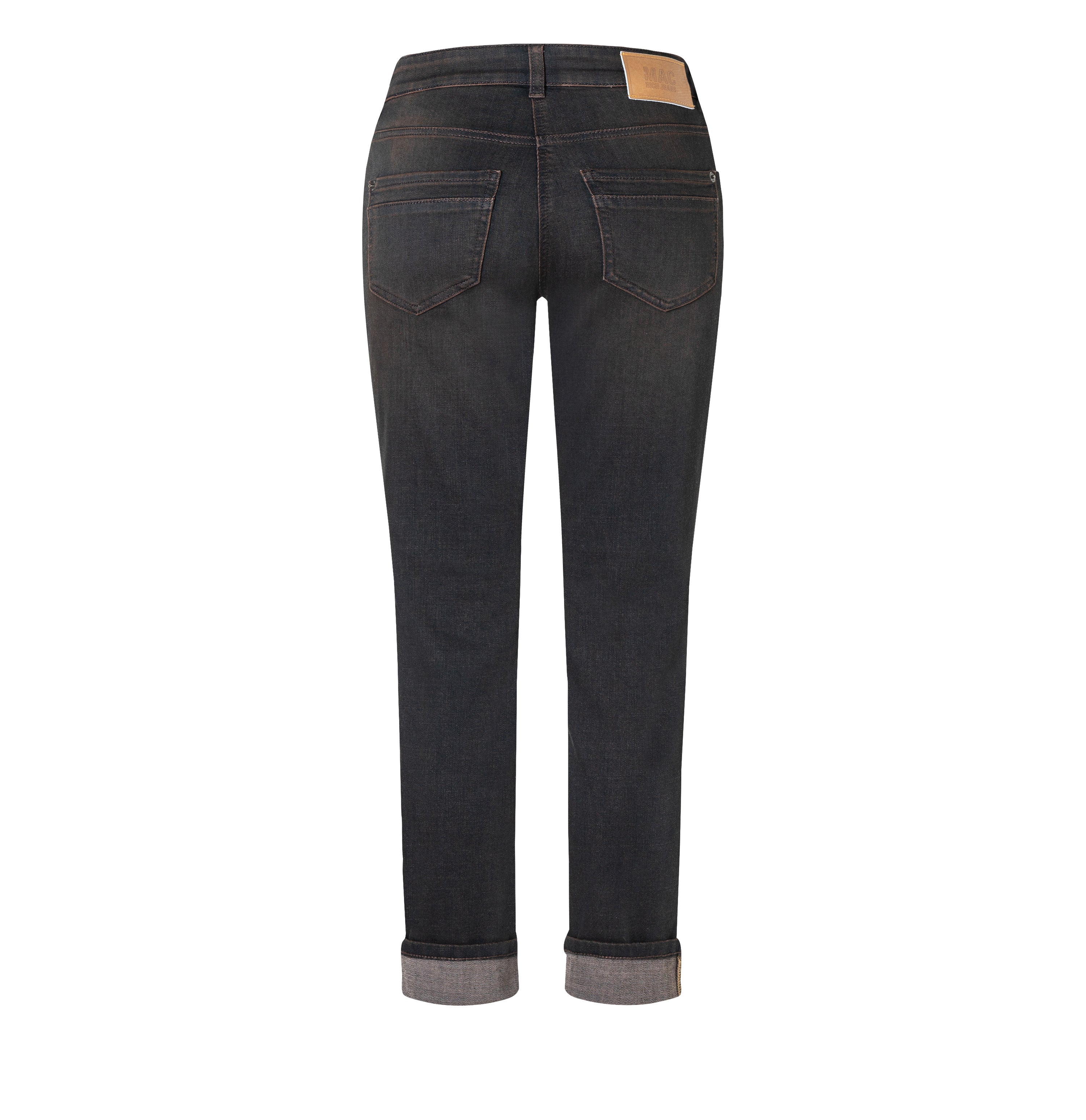 Slim jeans in a light cotton-modal blend. | RICH SLIM | soft black brown used | Back view of bust
