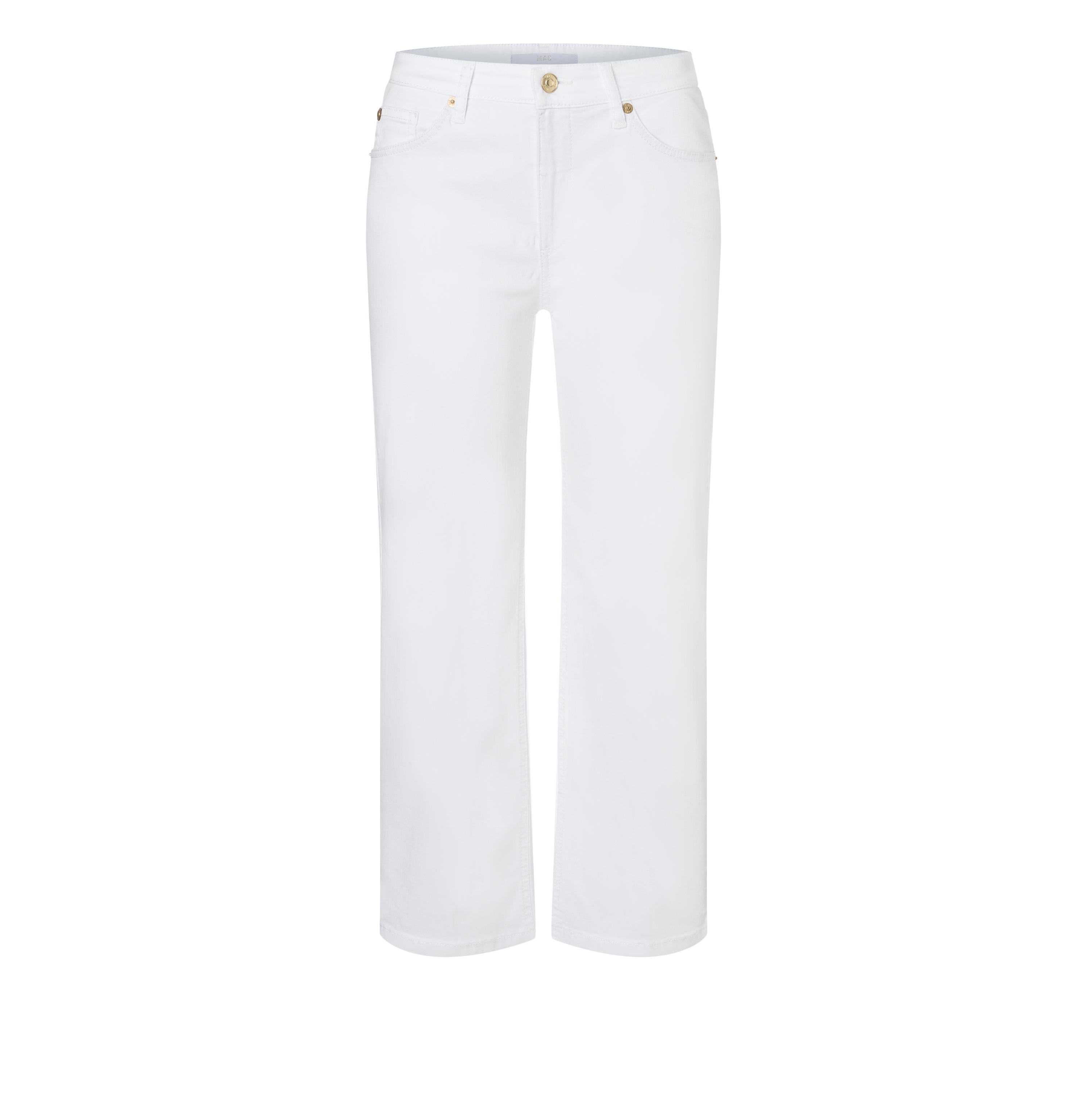 Modern, light culotte with glam detail. | CULOTTE | white denim | Front view of bust