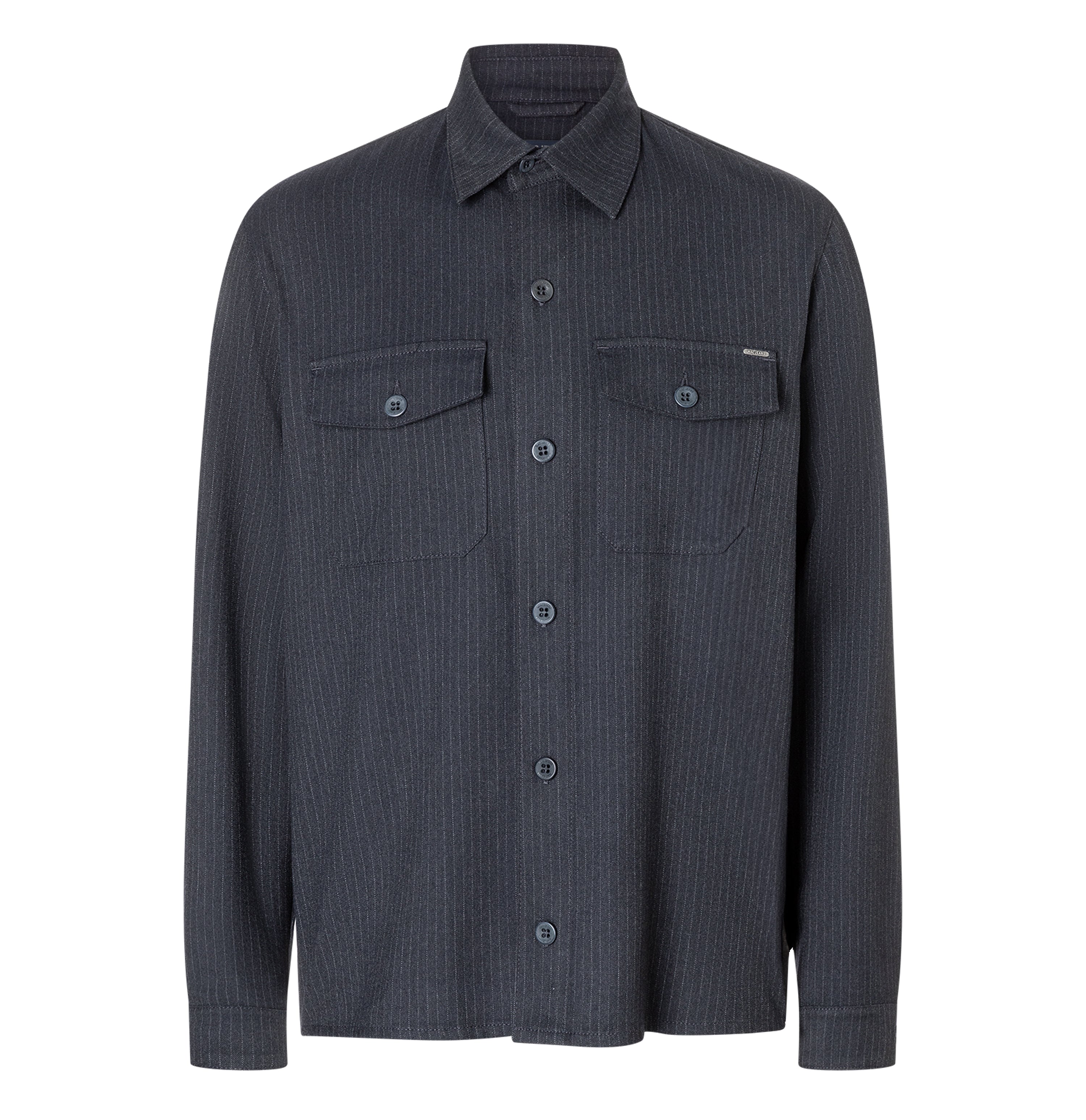 Casual flannel shirt with pinstripe pattern. | Overshirt | midnight blue stripes | Front view of bust