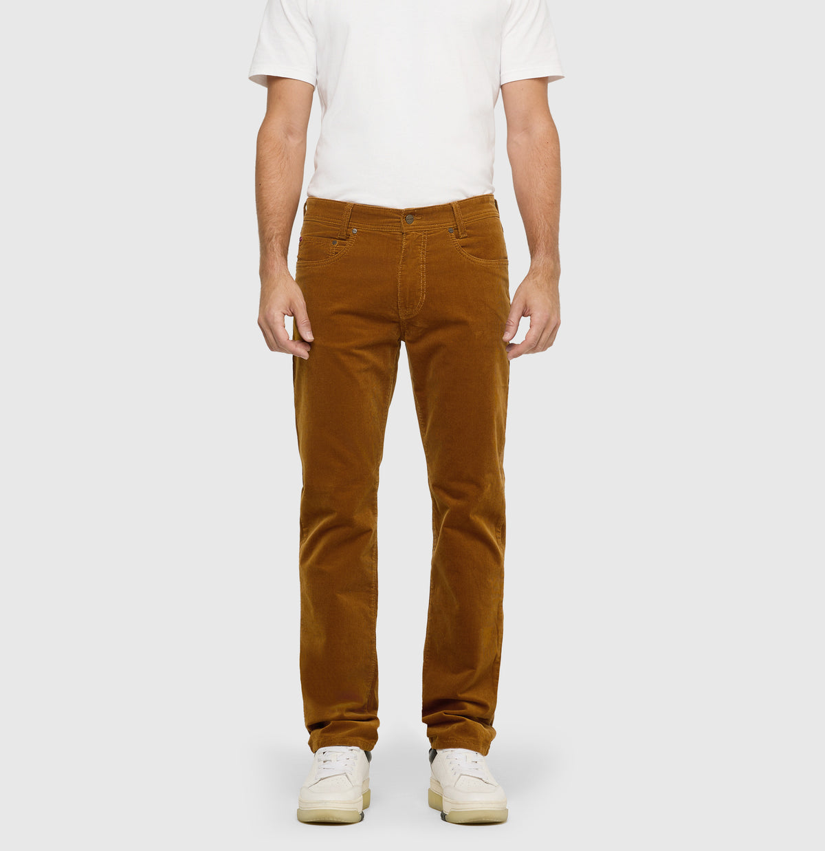 Modern fit made from soft, elastic fine corduroy. | Arne | cumin | Front view of model