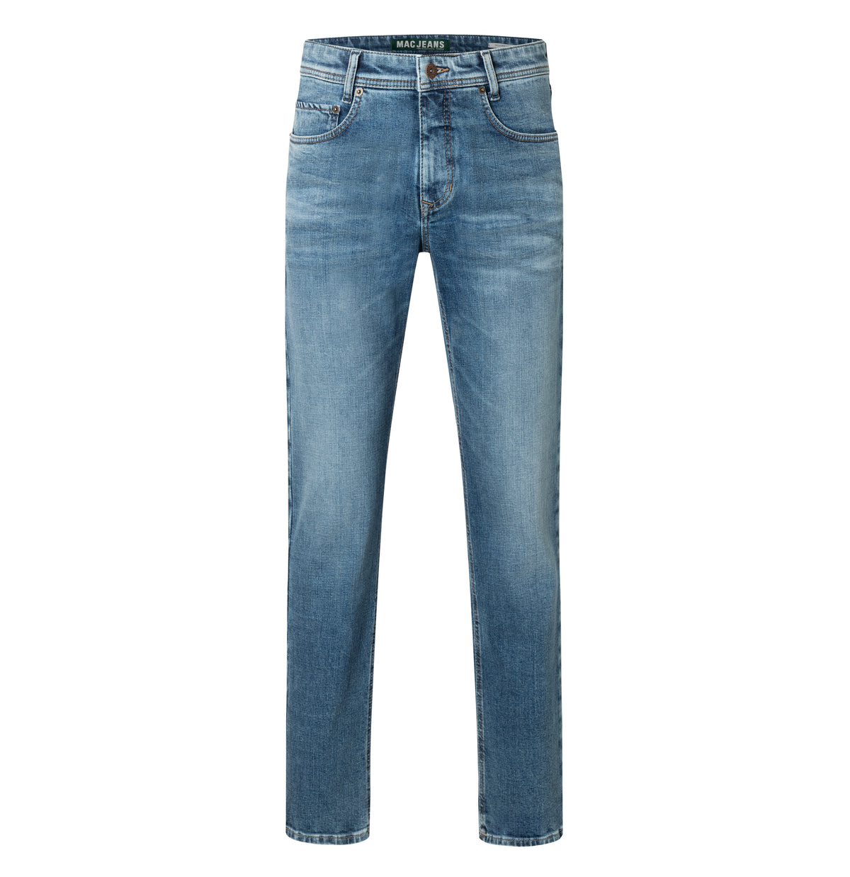 Model Arne – modern, slim fit with comfortable rise – grainy stretch denim | Arne | mid blue authentic used | Front view of bust