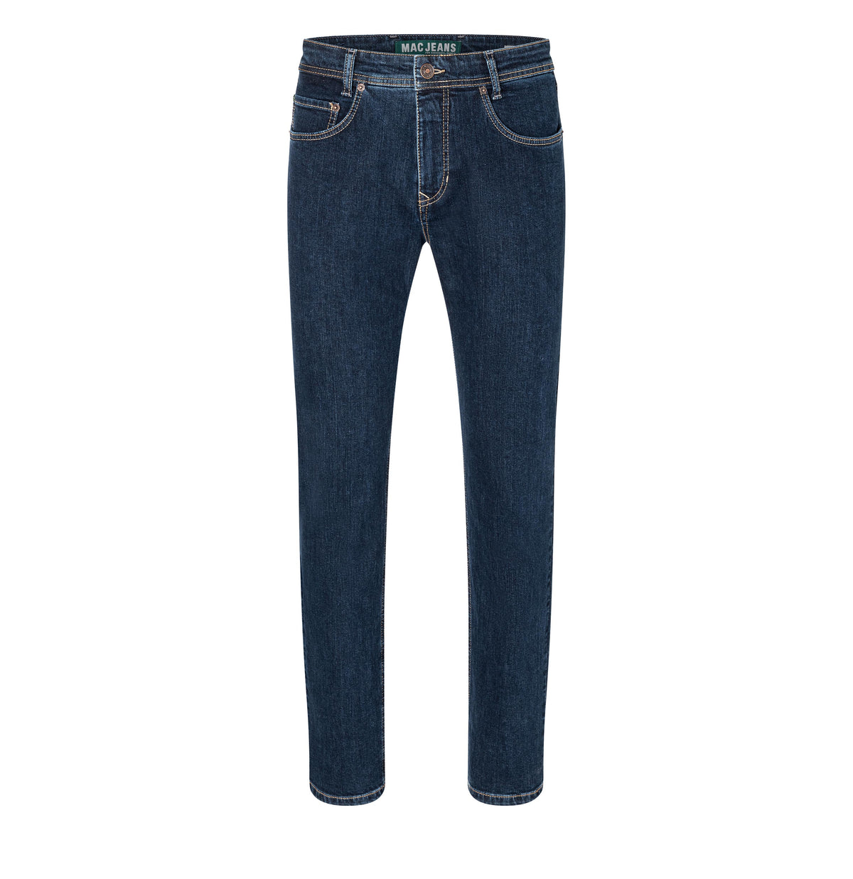 Slim jeans made of recycled denim. | Arne | deep blue stonewash | Front view of bust