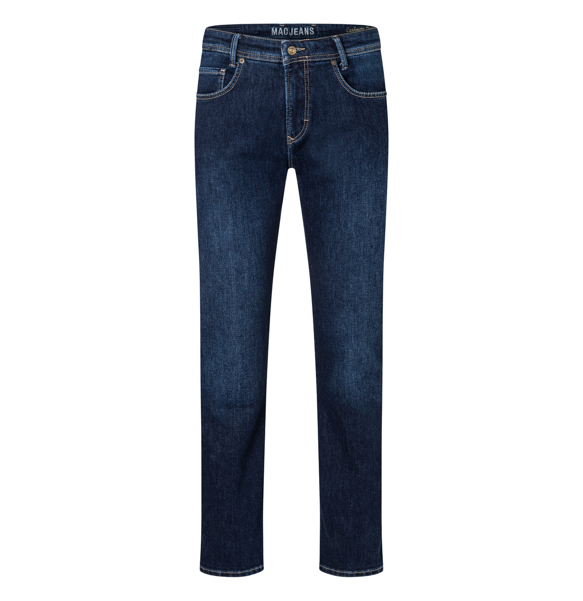 Slim, soft jeans with cashmere content. | Arne | dark wash | Front view of bust