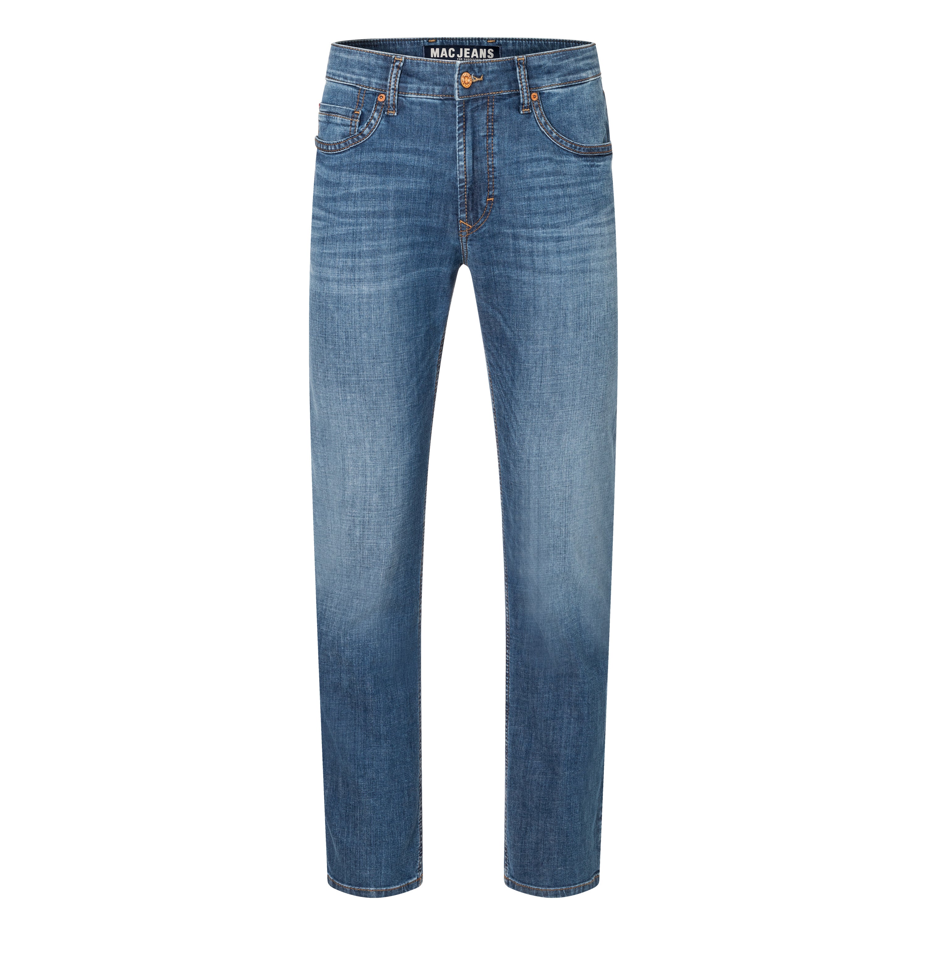 Slim jeans made of light cross denim. | Arne | authentic mid blue used | Front view of bust