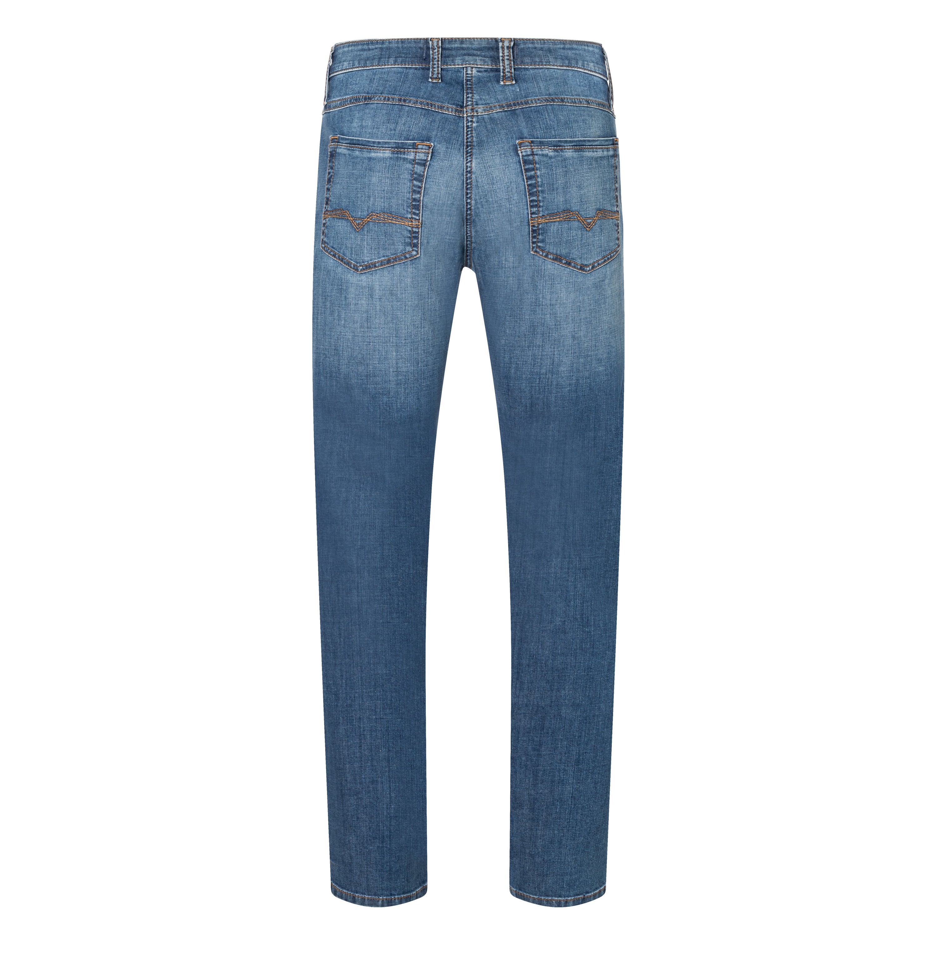 Slim jeans made of light cross denim. | Arne | authentic mid blue used | Back view of bust