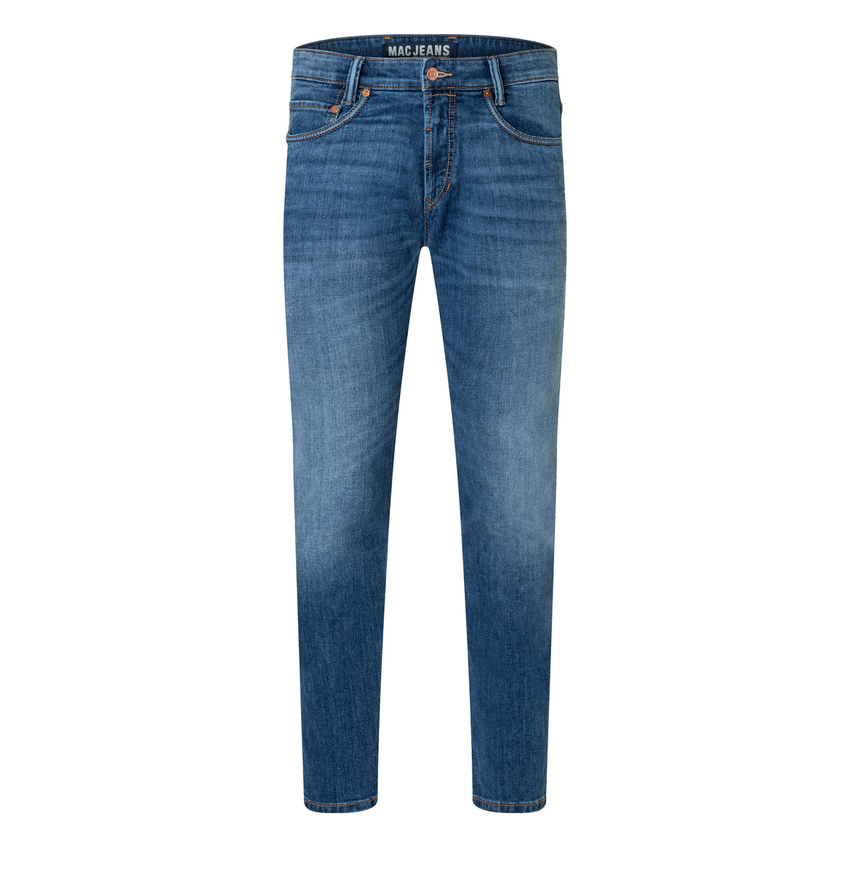 Slim jeans in a cotton-hemp blend. | Arne Pipe | hemp midblue authentic | Front view of bust