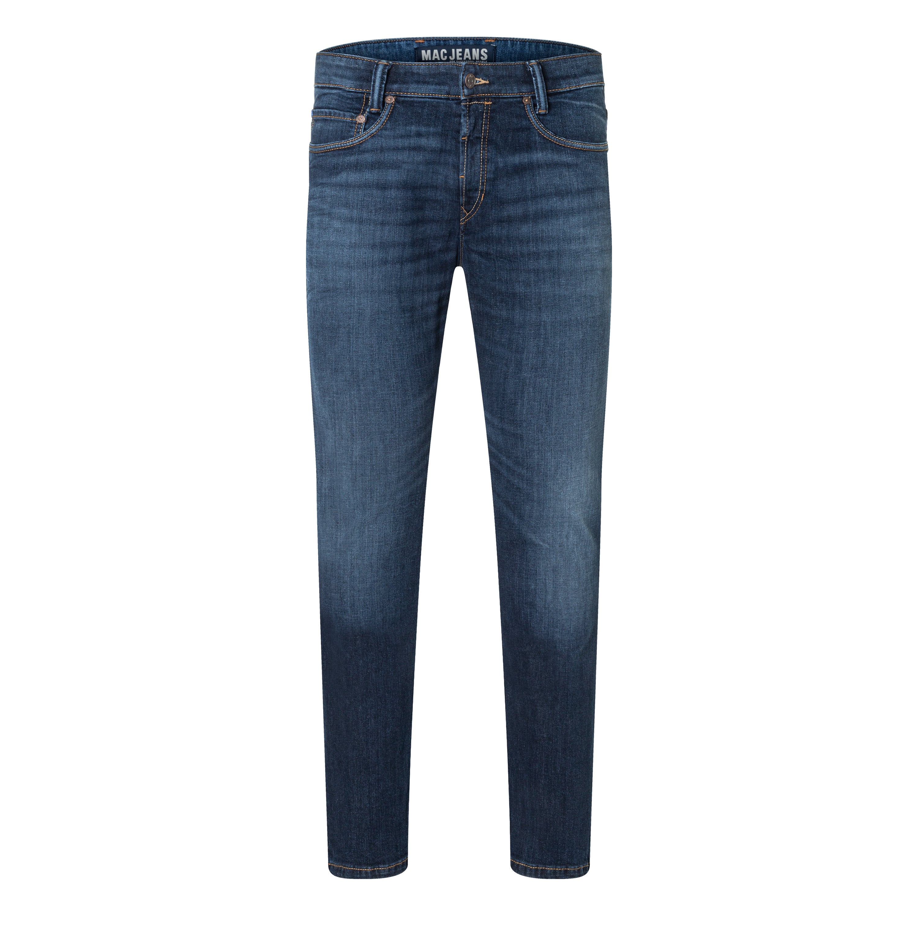 Slim jeans in a cotton-hemp blend. | Arne Pipe | dark blue 3D wash | Front view of bust
