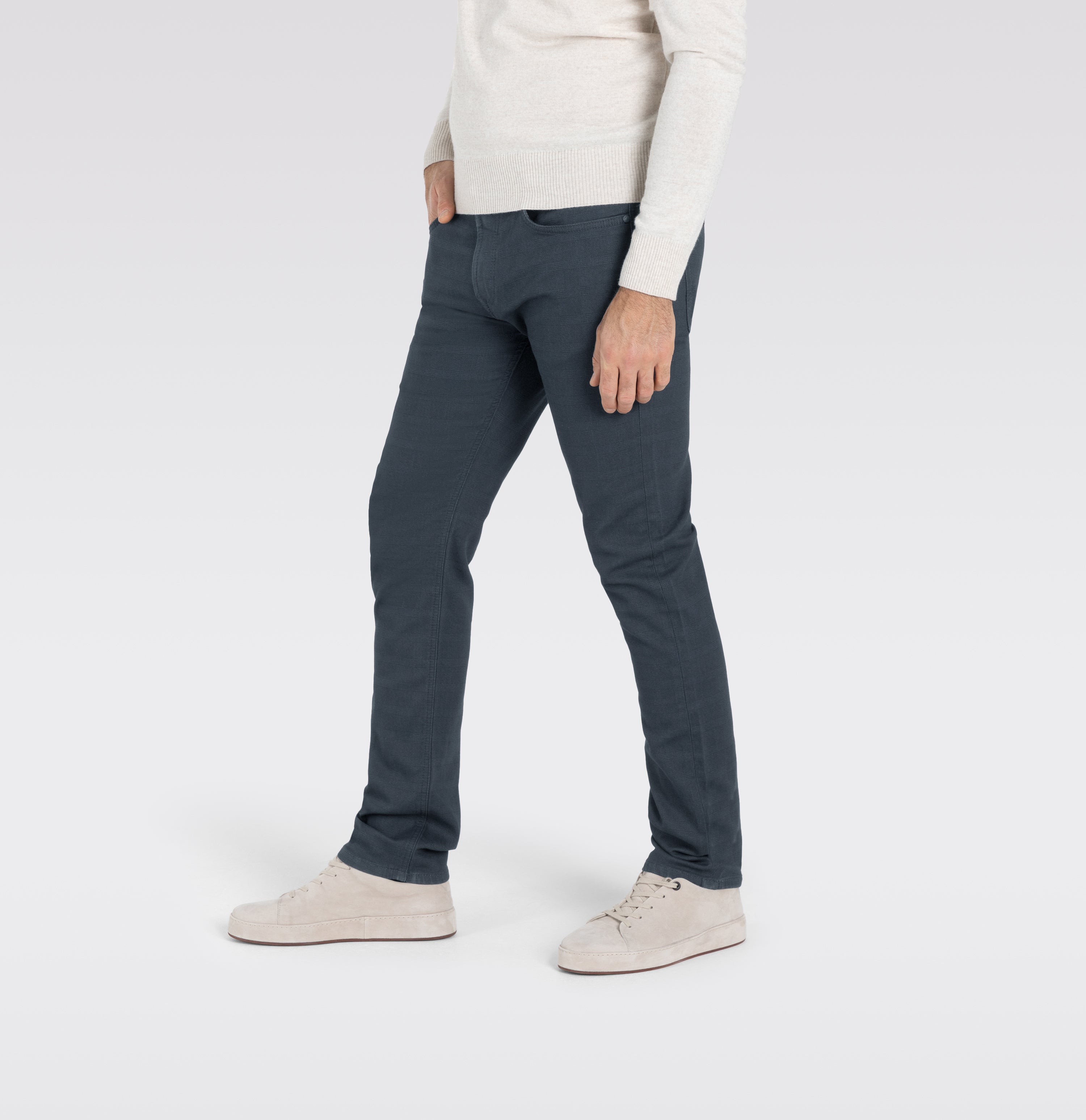 Slim trousers in a subtly patterned sweat material. | Jog´n Jeans by MAC | midnight blue check | Side view of model