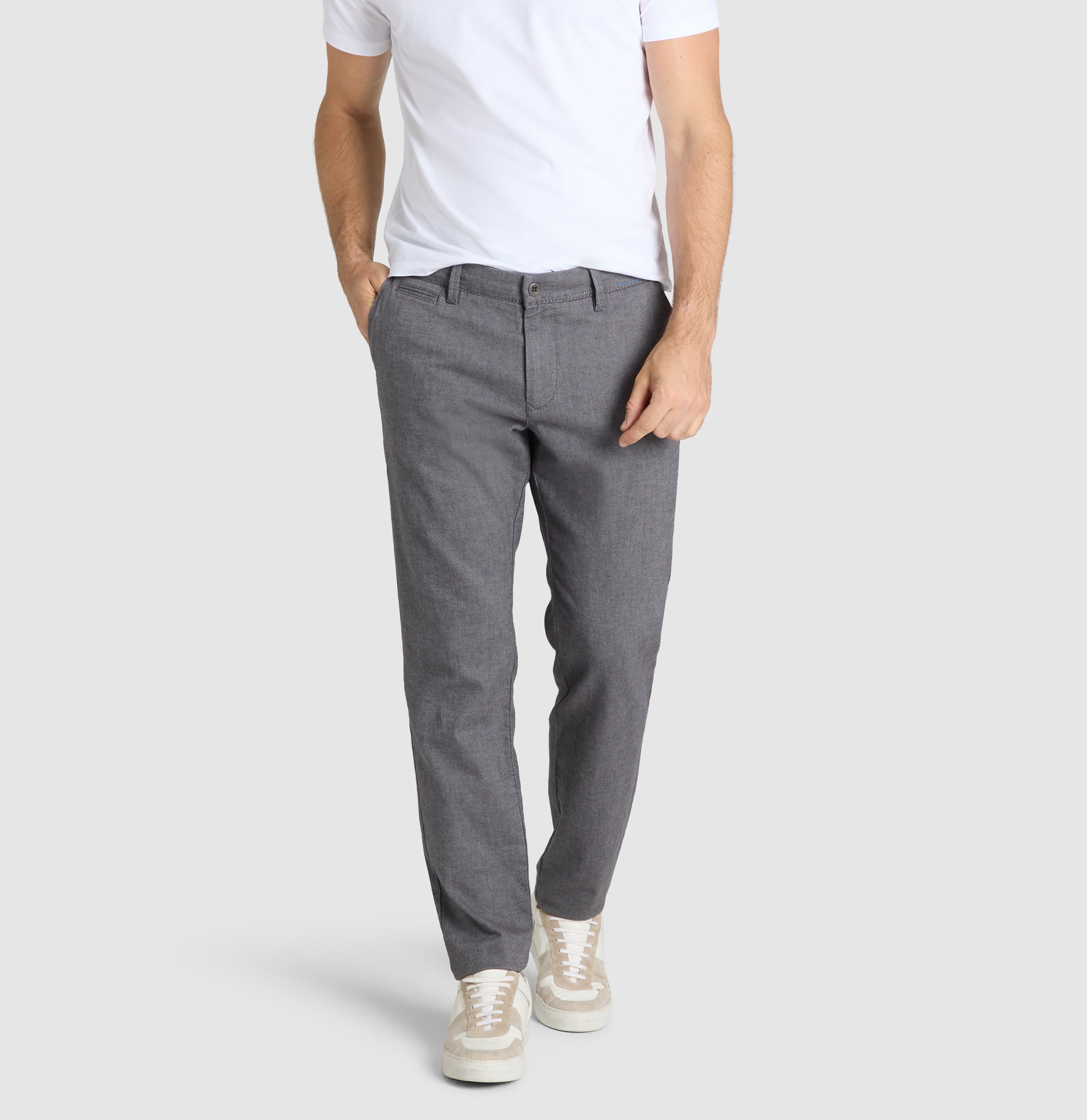 Slim chino in a brushed cotton material. | Lennox | flannel | Front view of model