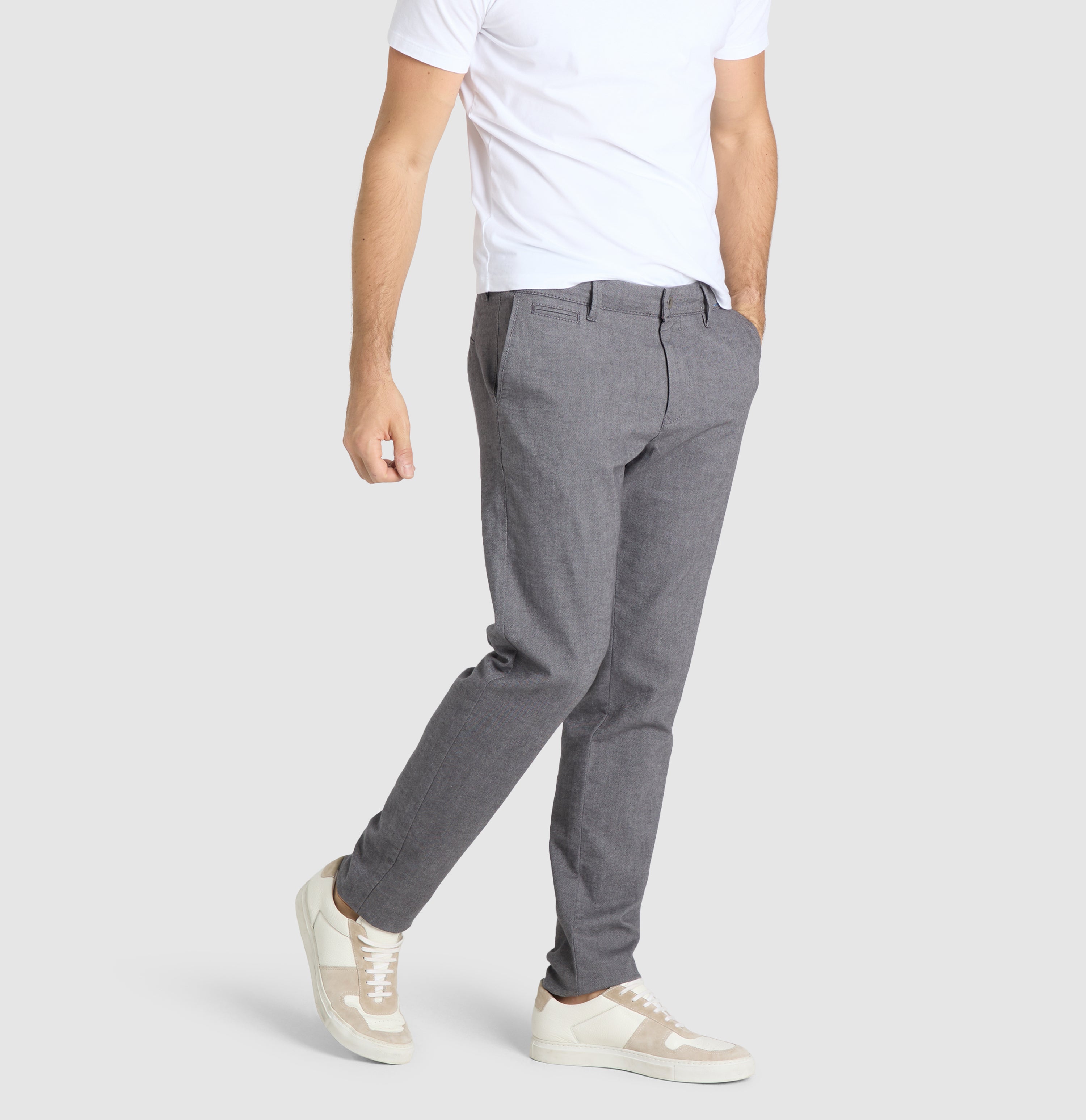 Slim chino in a brushed cotton material. | Lennox | flannel | Side view of model