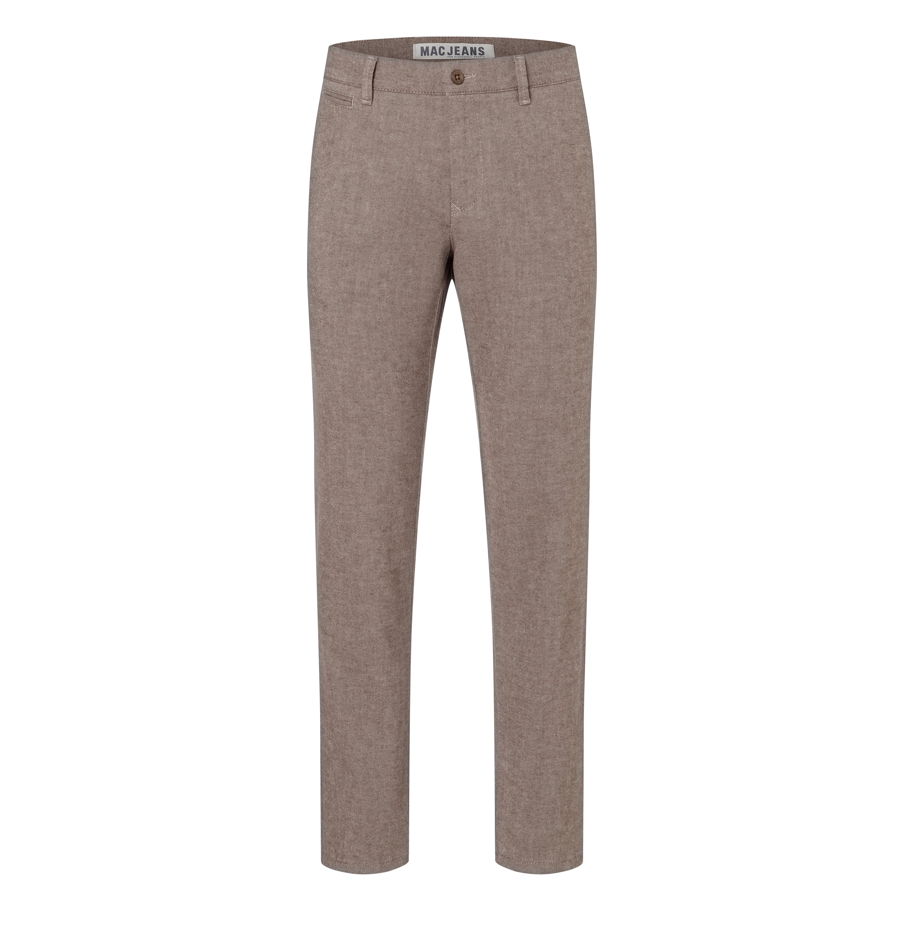 Slim chino in a brushed cotton material. | Lennox | ginger brown | Front view of bust