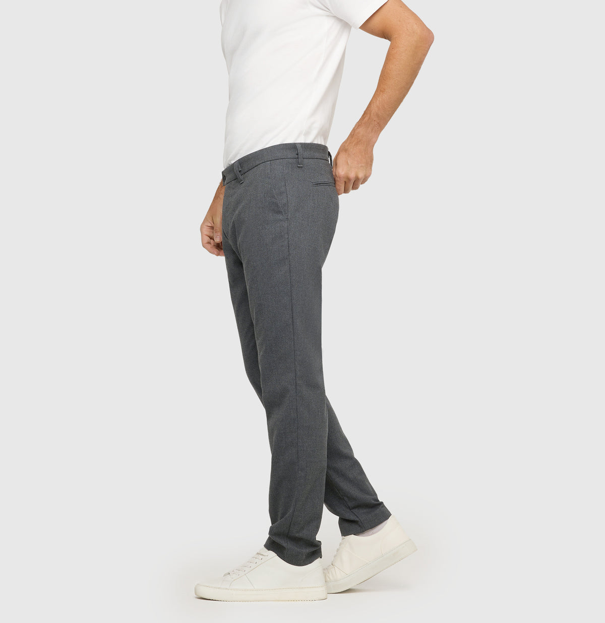 Regular chino with herringbone pattern. | Lennox | grey stone herringbone | Side view of model