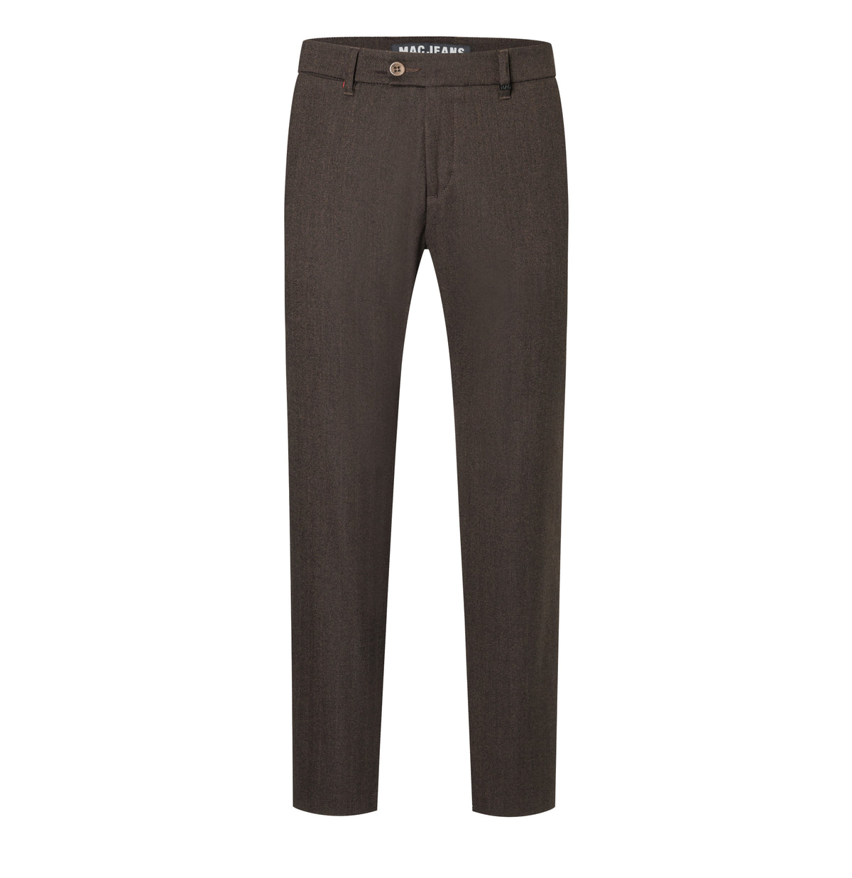 Regular chino with herringbone pattern. | Lennox | mahagony brown herringbone | Front view of bust