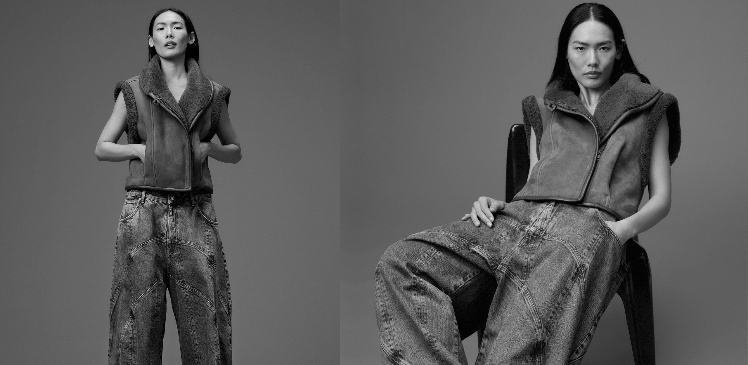 Black-and-white fashion image of a model wearing a denim outfit, shown standing and seated.