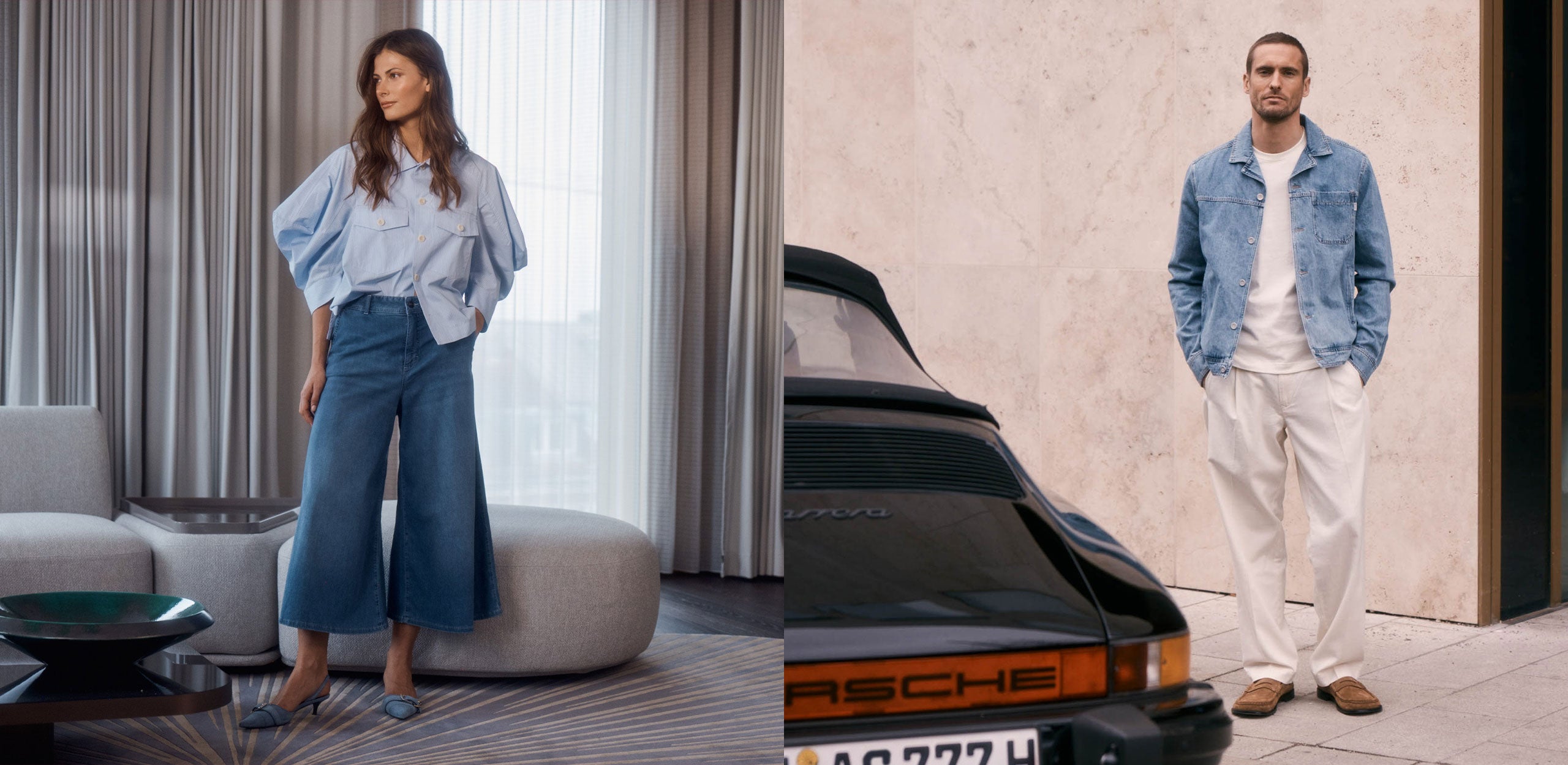 A stylish woman in a light blue blouse and wide-leg denim culottes stands indoors beside a sofa, while a man in a light denim jacket, white shirt, and beige trousers stands outdoors next to a car against a minimalist wall.