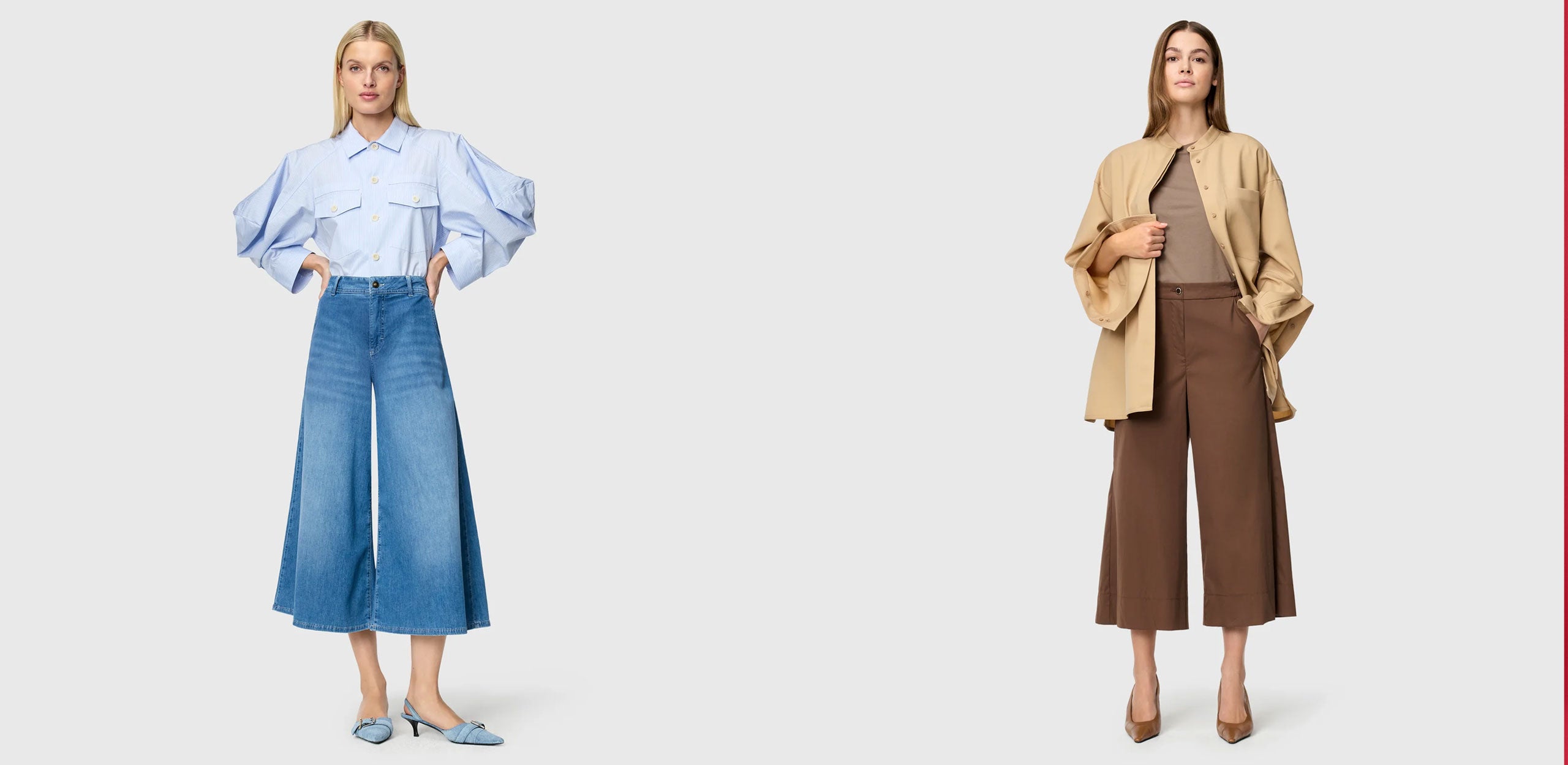 Two women in wide culottes: left in blue denim with a light blue blouse, right in brown with a beige outfit.