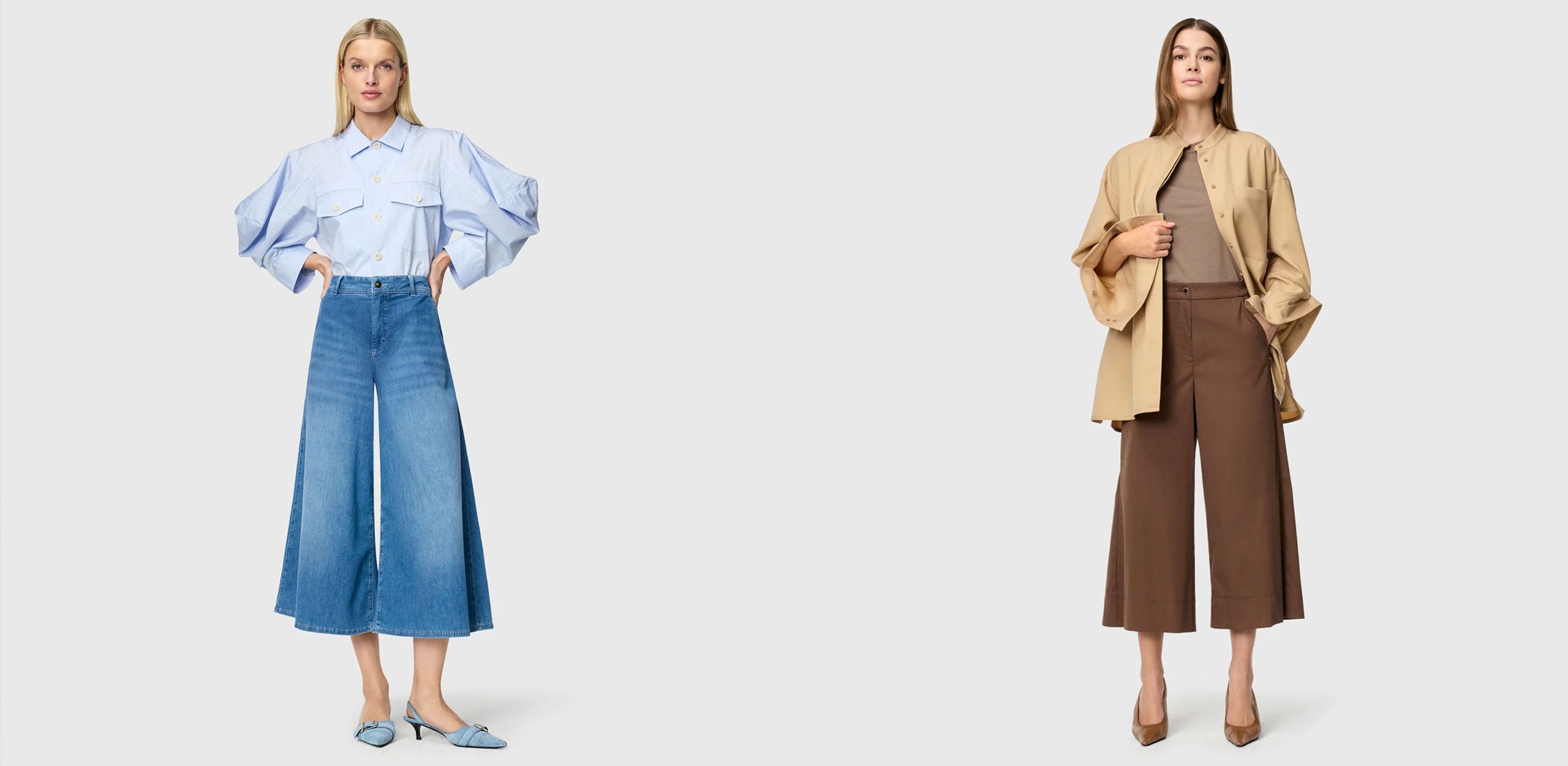 Two women in wide culottes: left in blue denim with a light blue blouse, right in brown with a beige outfit.