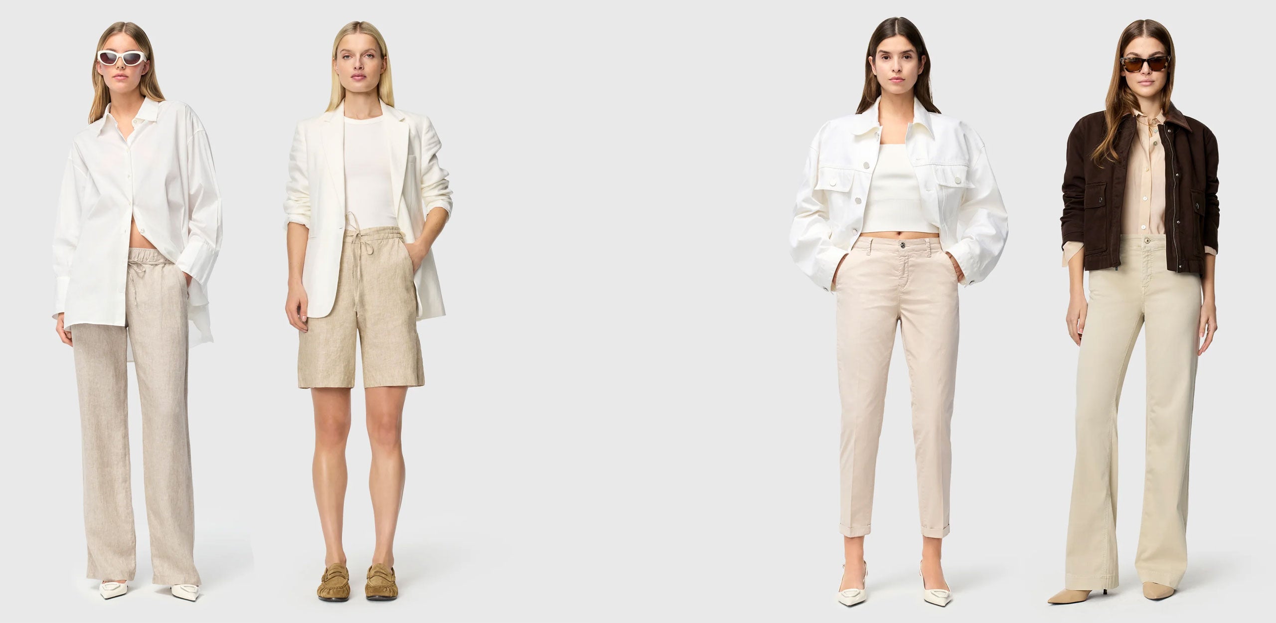 Four women wearing beige and neutral-toned outfits, including trousers and shorts, styled with white tops and light jackets for modern, minimal spring looks.