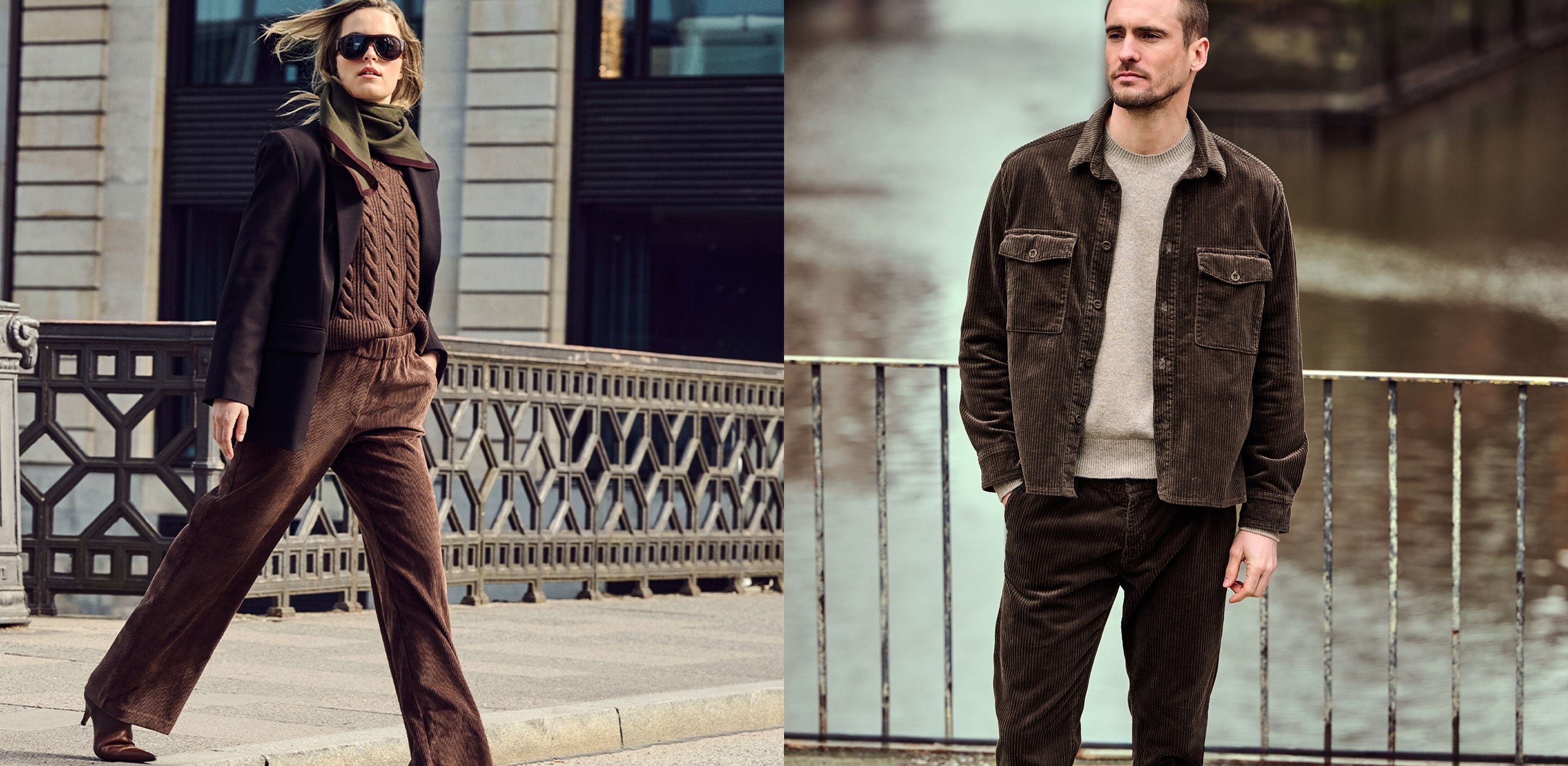 Woman and man wearing brown corduroy outfits in an urban setting.