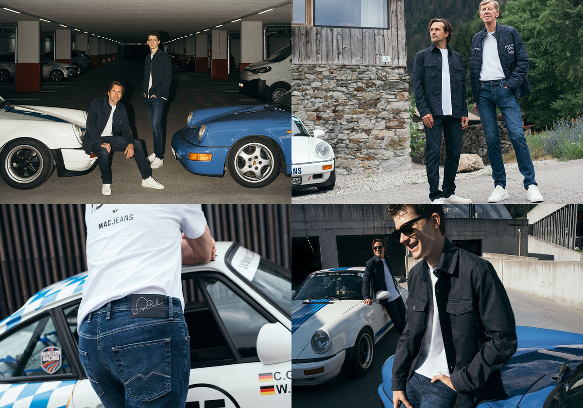 Race Idols by MAC Jeans campaign featuring men in denim looks alongside classic sports cars in an automotive setting.