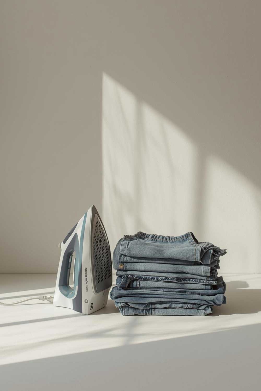 Denimstapel und Bügeleisen