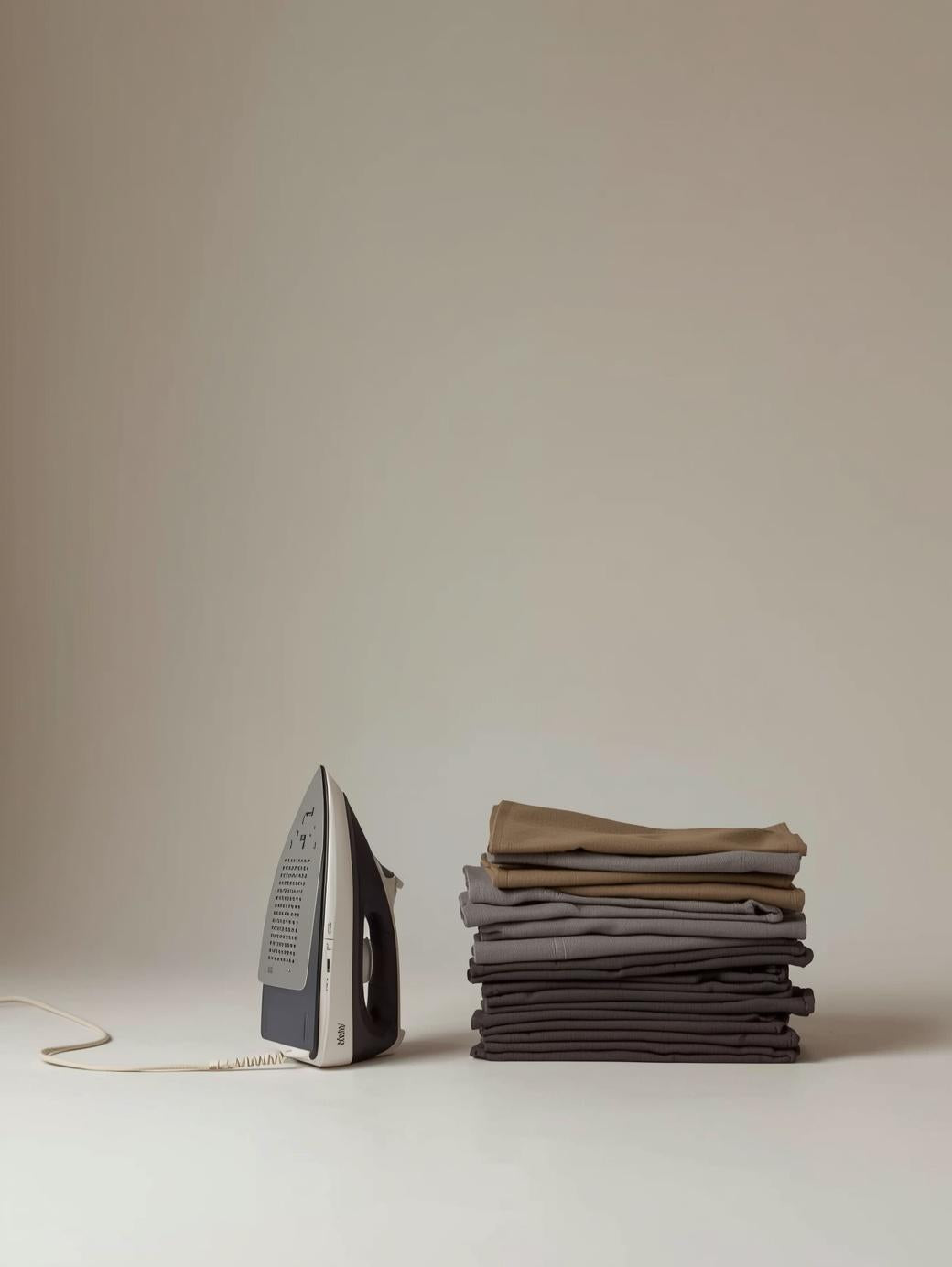 Stoffhosenstapel neben Bügeleisen