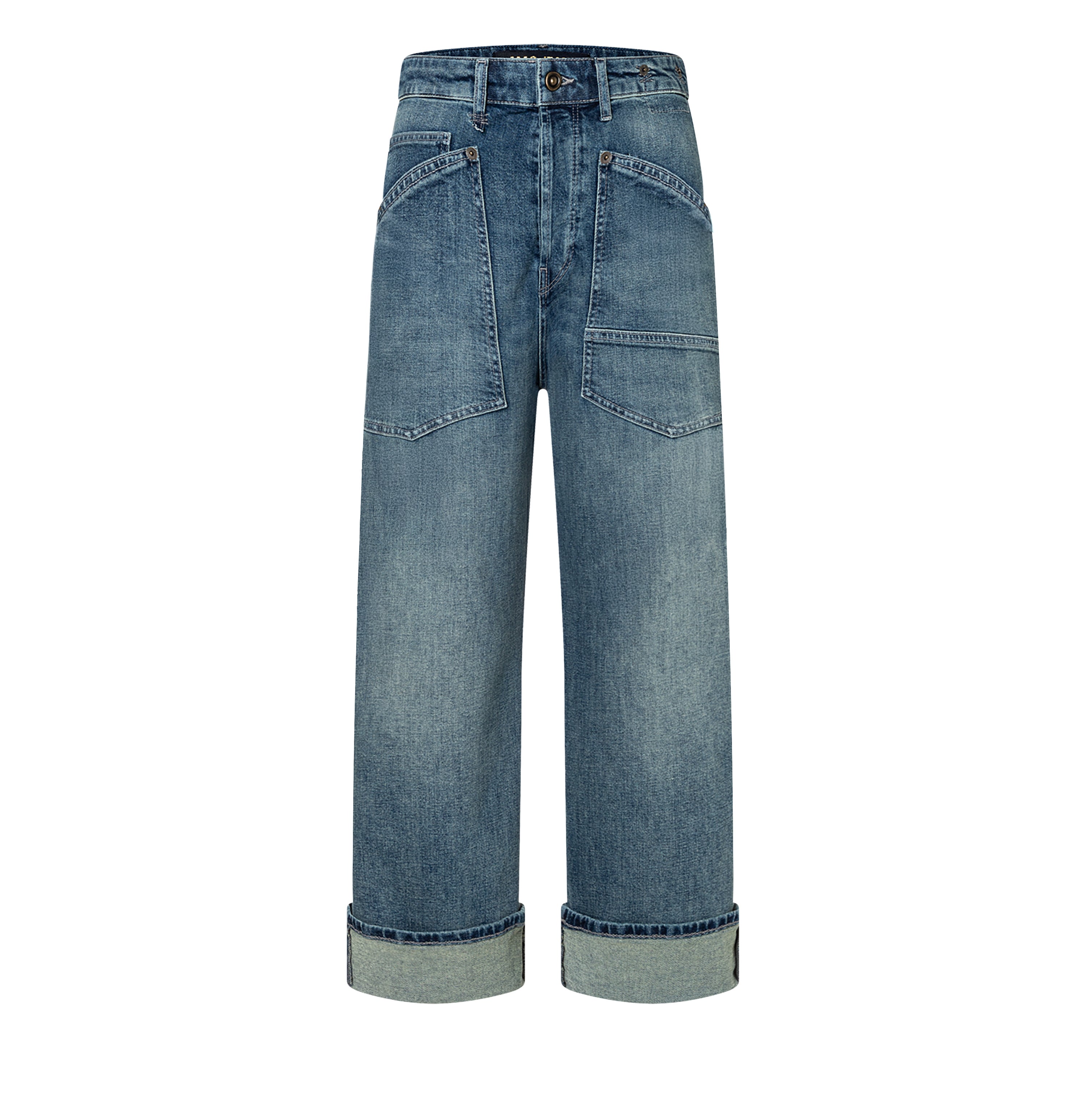 Casual, baggy jeans with a vintage look. | BAGGY straight | blueish green tinted | Front view of bust