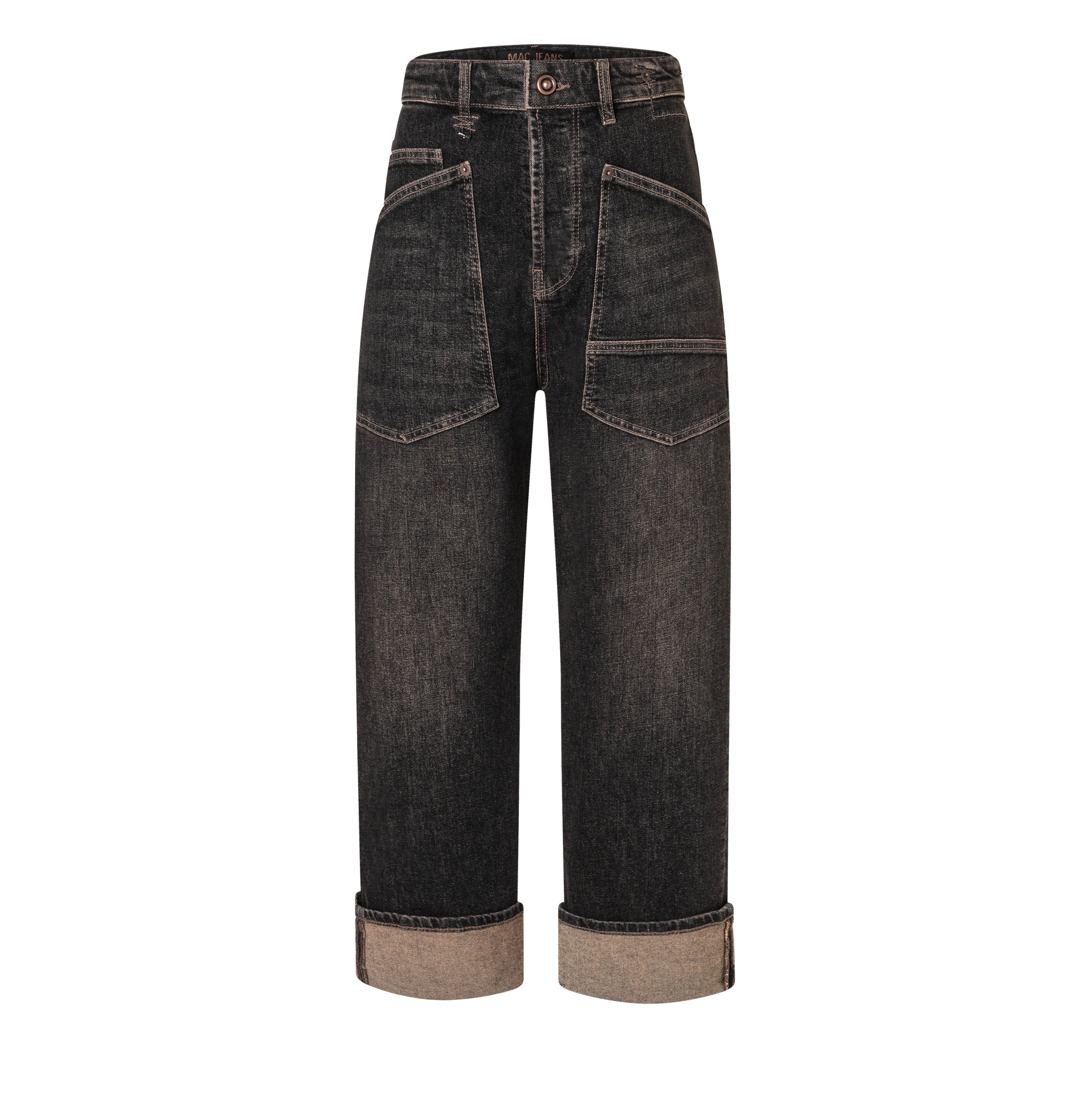 Casual, baggy jeans with a vintage look. | BAGGY straight | brown tinted black wash | Front view of bust