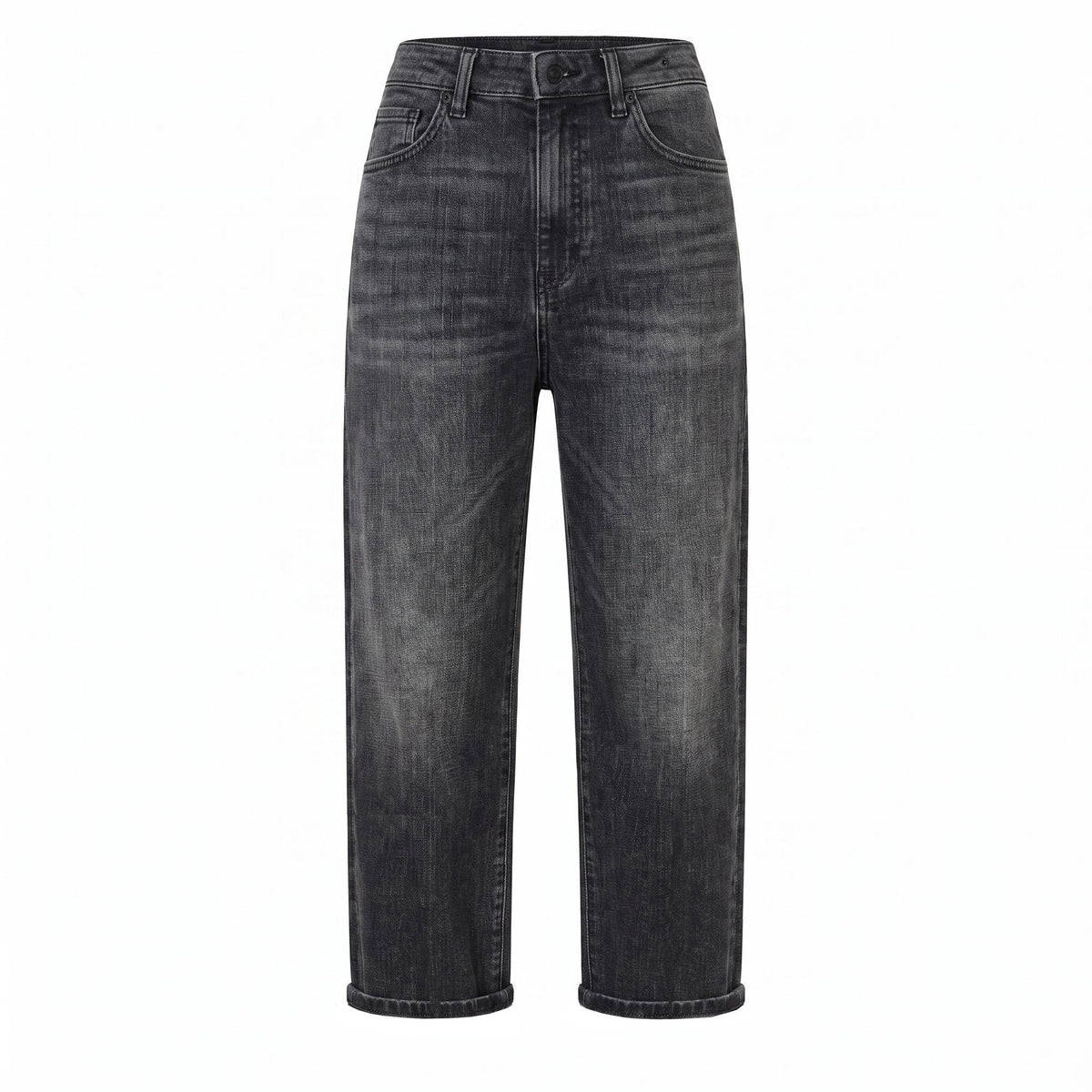 Boyfriend jeans with turn-up. | BOYFRIEND | dark grey used wash | Front view of bust