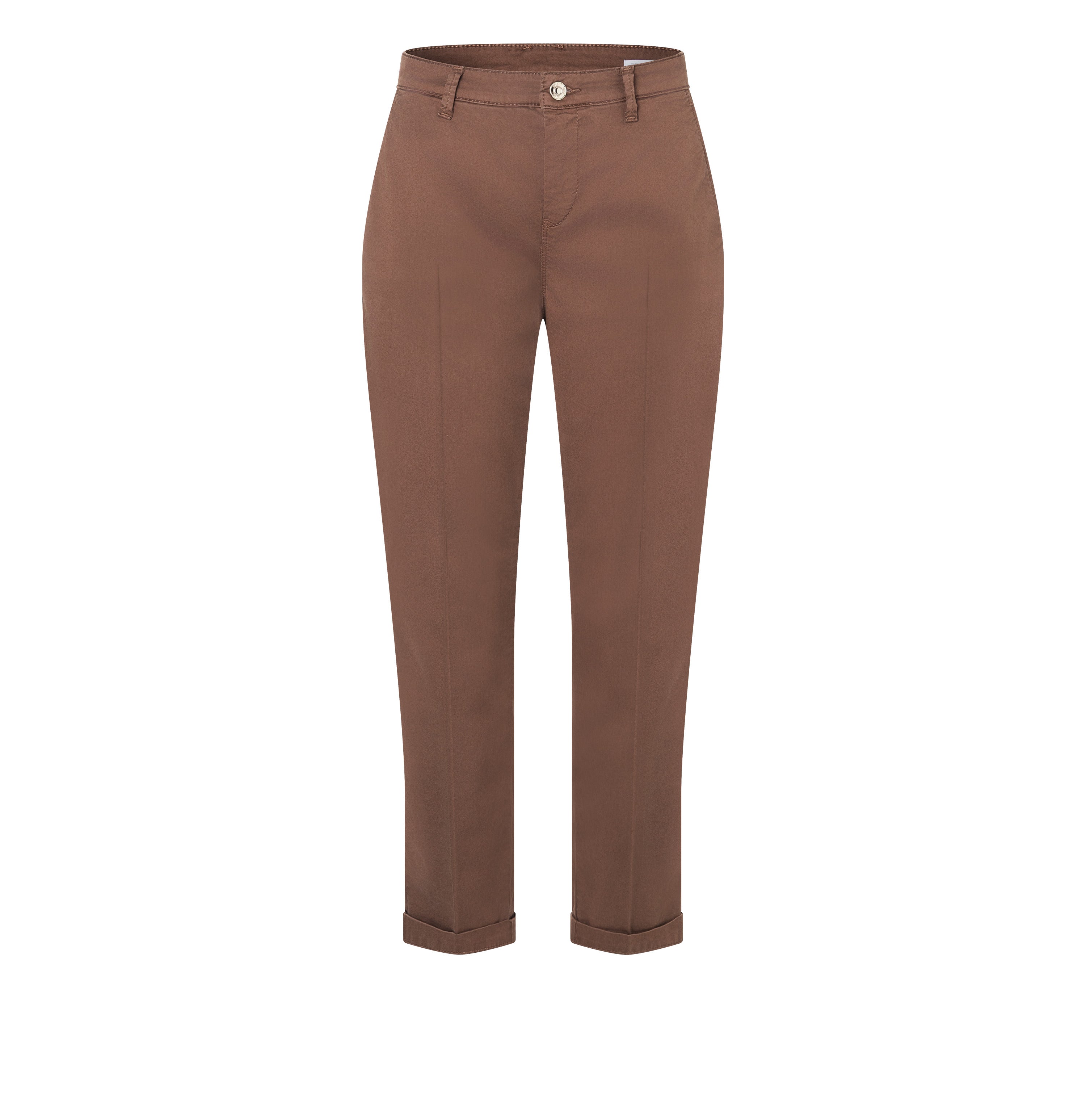 Turned-up chino with creases. | CHINO turn up | fawn brown PPT | Front view of bust