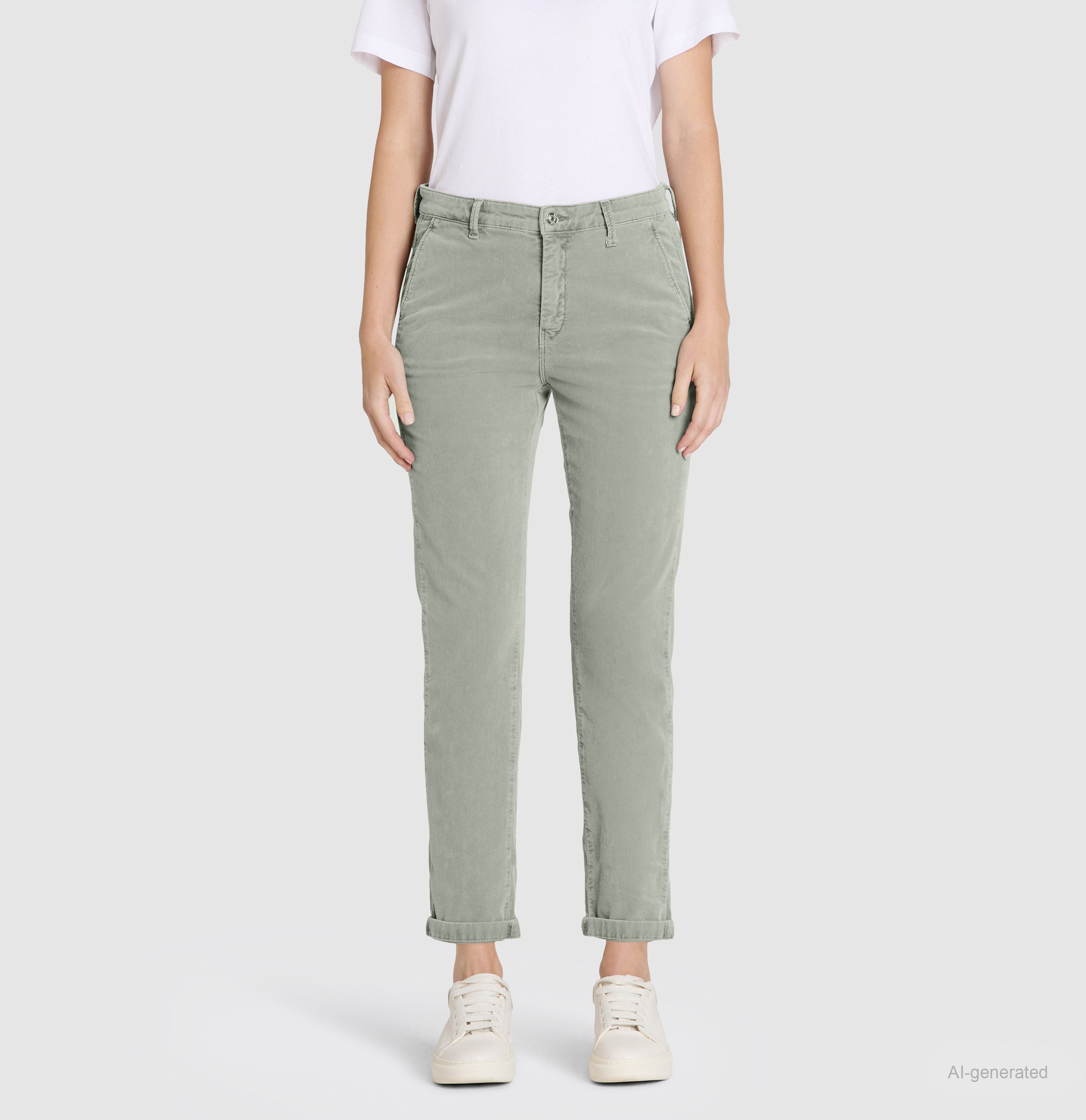 Slim chino made of baby corduroy in brilliant colours. | CHINO turn up | thyme | Front view of model