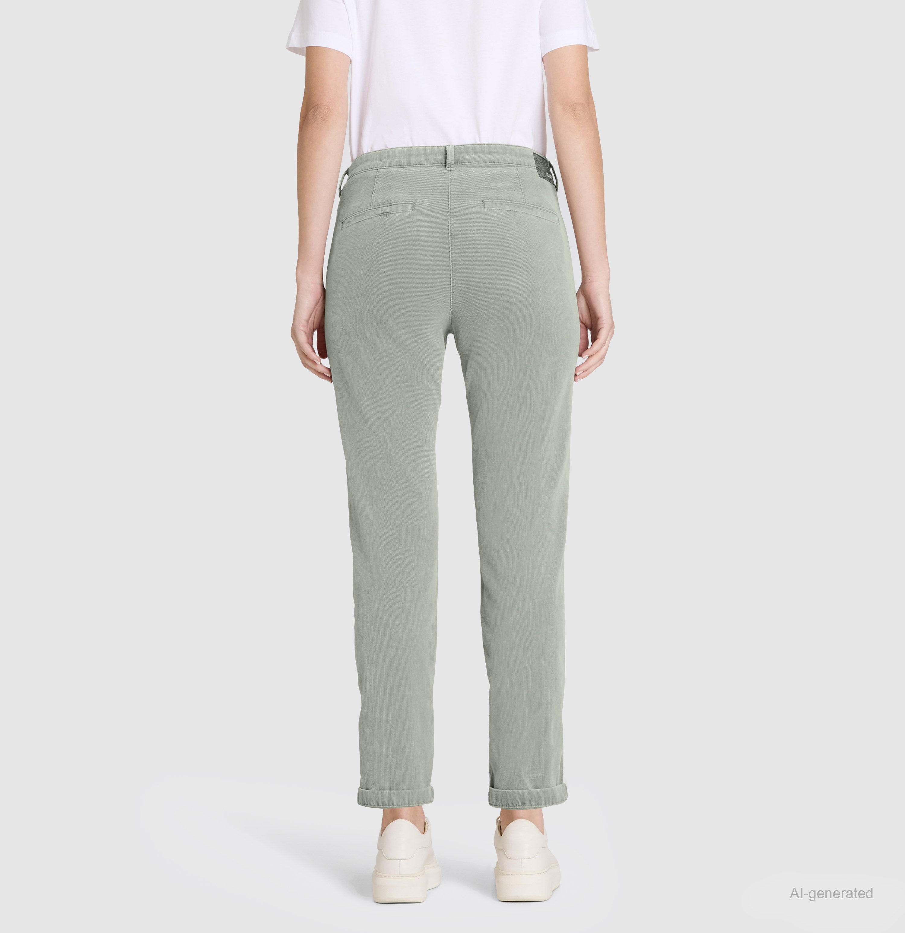 Slim chino made of baby corduroy in brilliant colours. | CHINO turn up | thyme | Back view of model