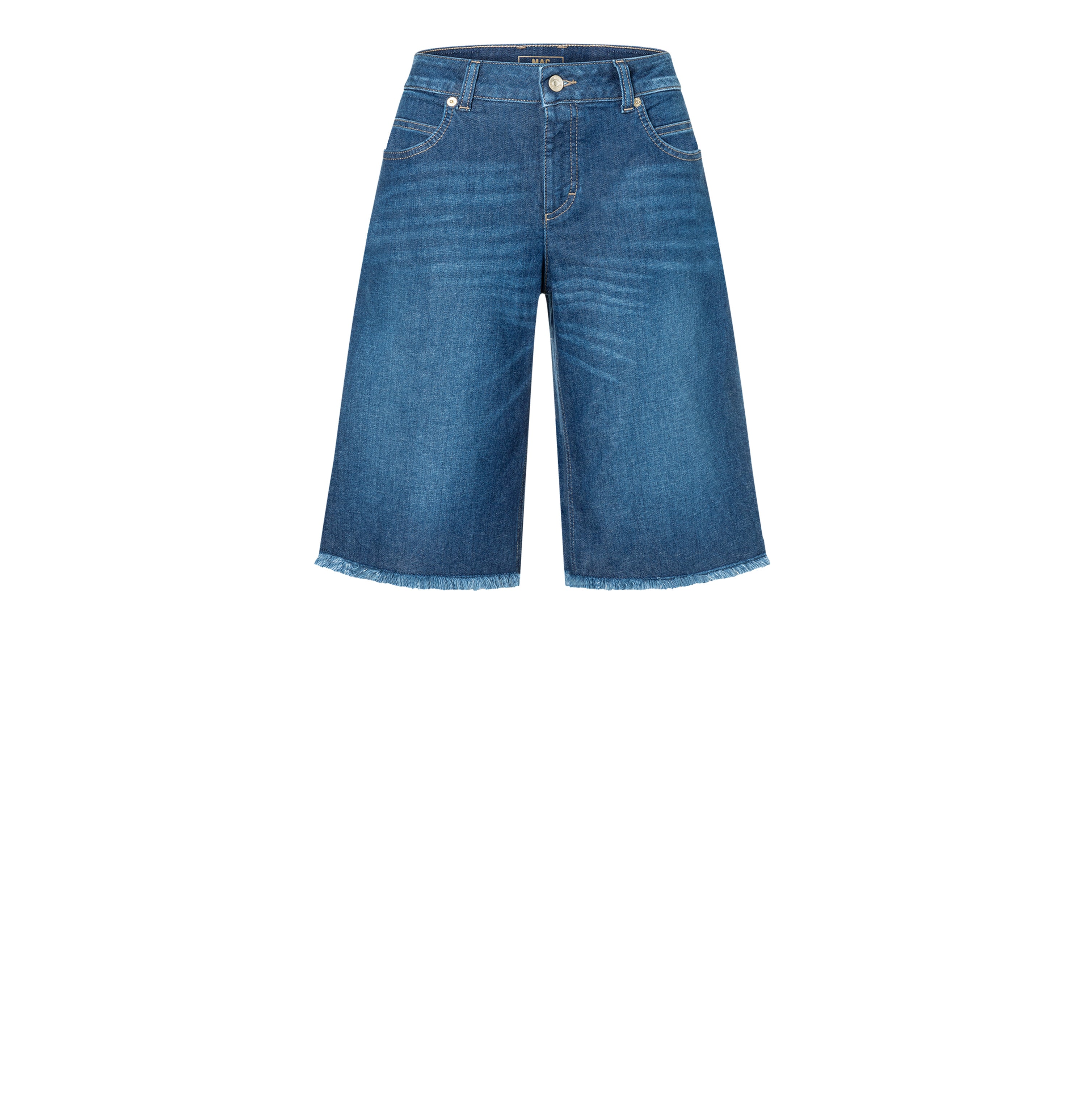 Wide Bermuda with open hem. | RICH BERMUDA | heavy damaged blue | Front view of bust