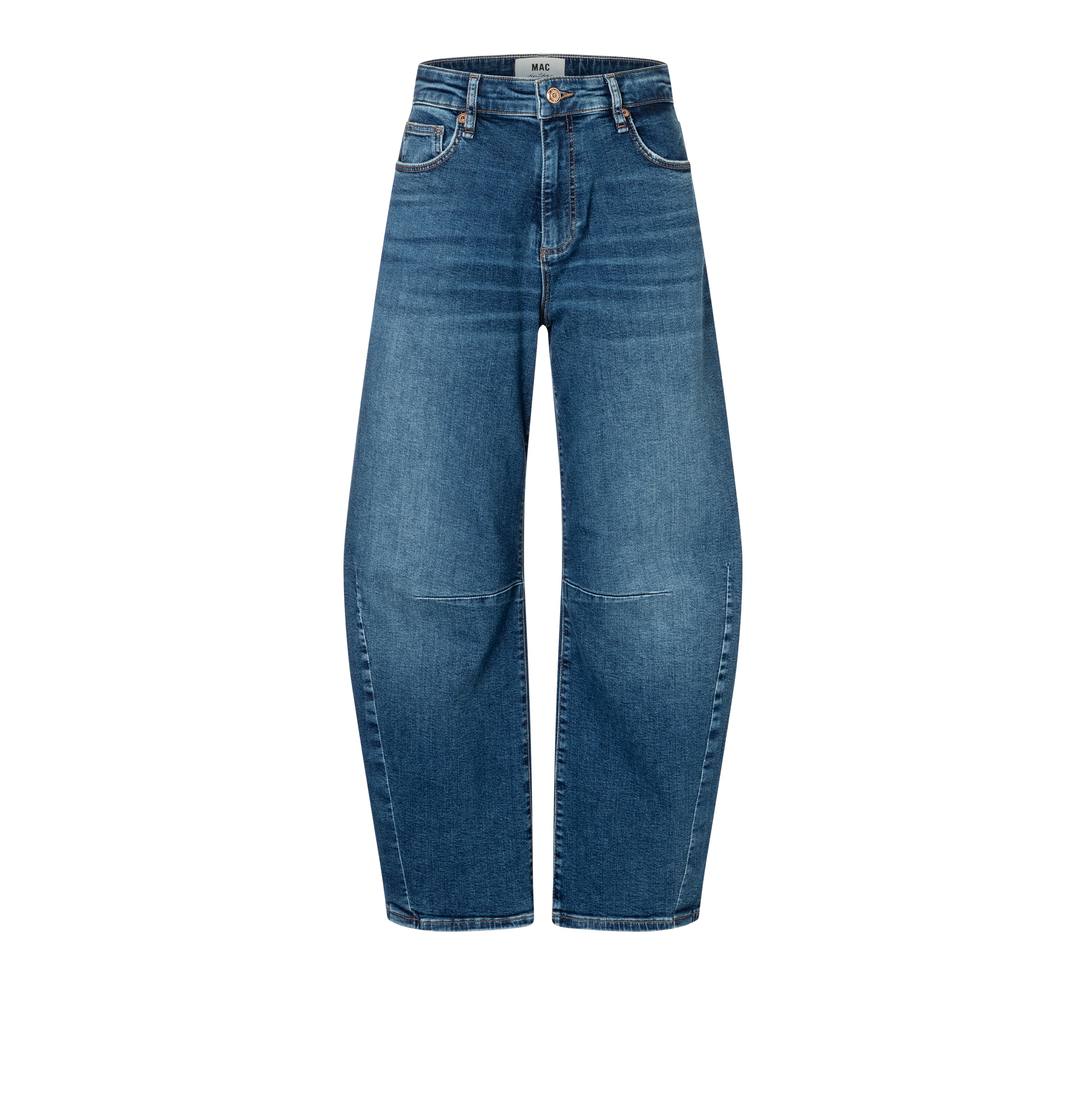 Modern barrel jeans made of comfort stretch denim. | S-NAME | S-FBBZ | Front view of bust
