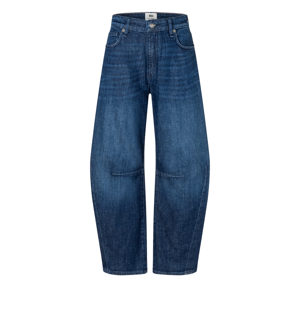 Modern barrel jeans with higher waist. | DAKOTA Barrel | blue mended wash | Front view of bust