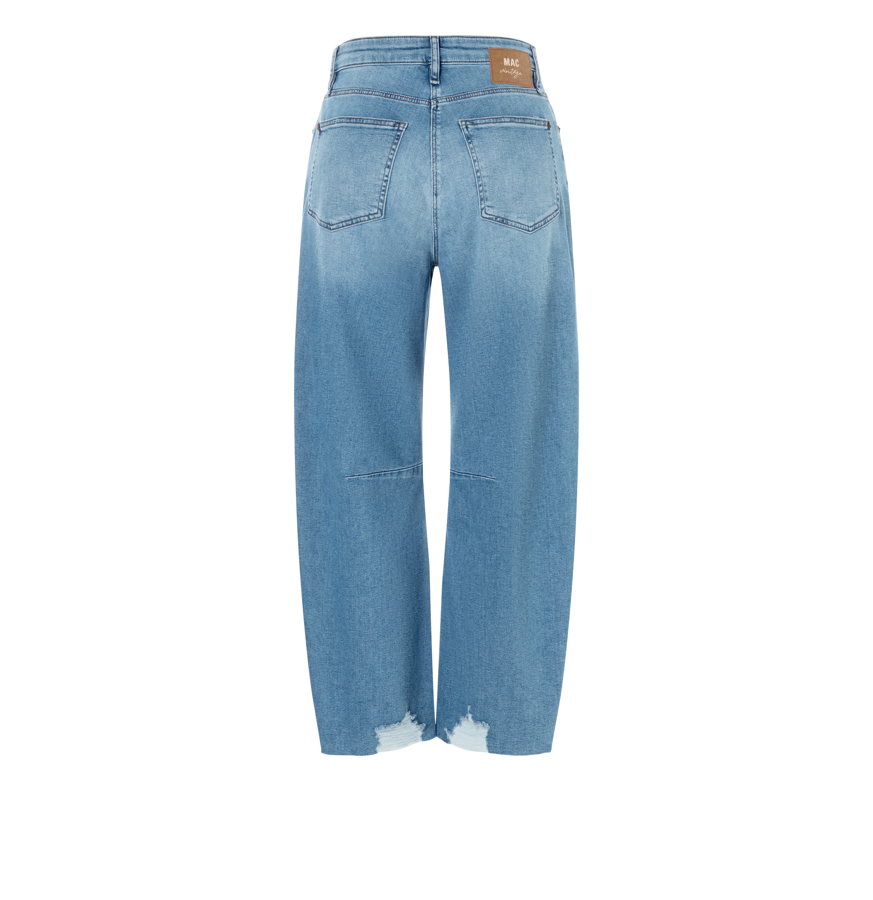 Barrel jeans with high waist. | DAKOTA fringe | destroyed lake blue | Back view of bust