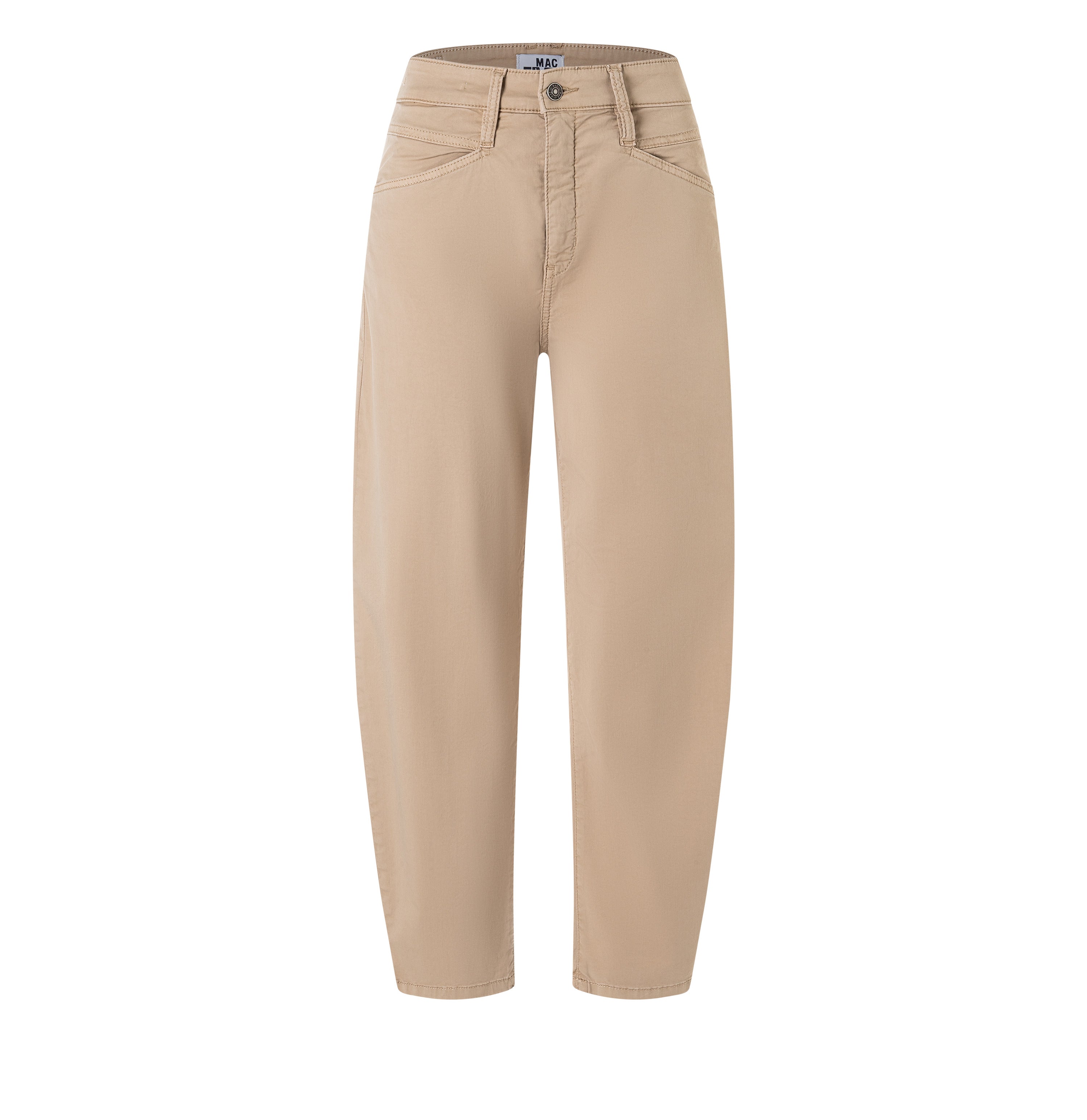 Barrel trousers with modern zip detail. | BORA 2.3 zip | golden terra antique | Front view of bust