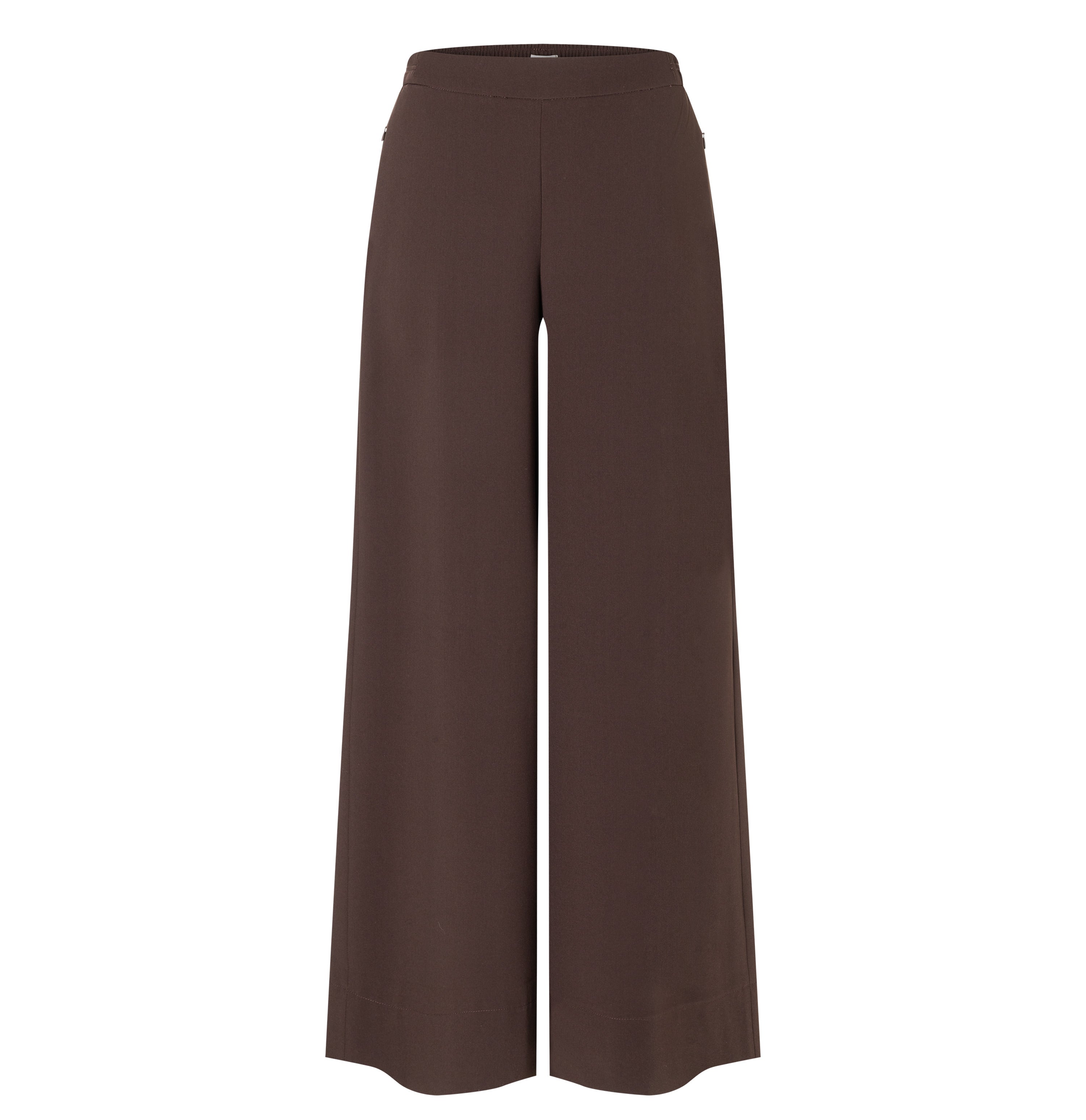 Wide, flowing trousers made of floating crepe. | CORALIE | truffle brown | Front view of bust