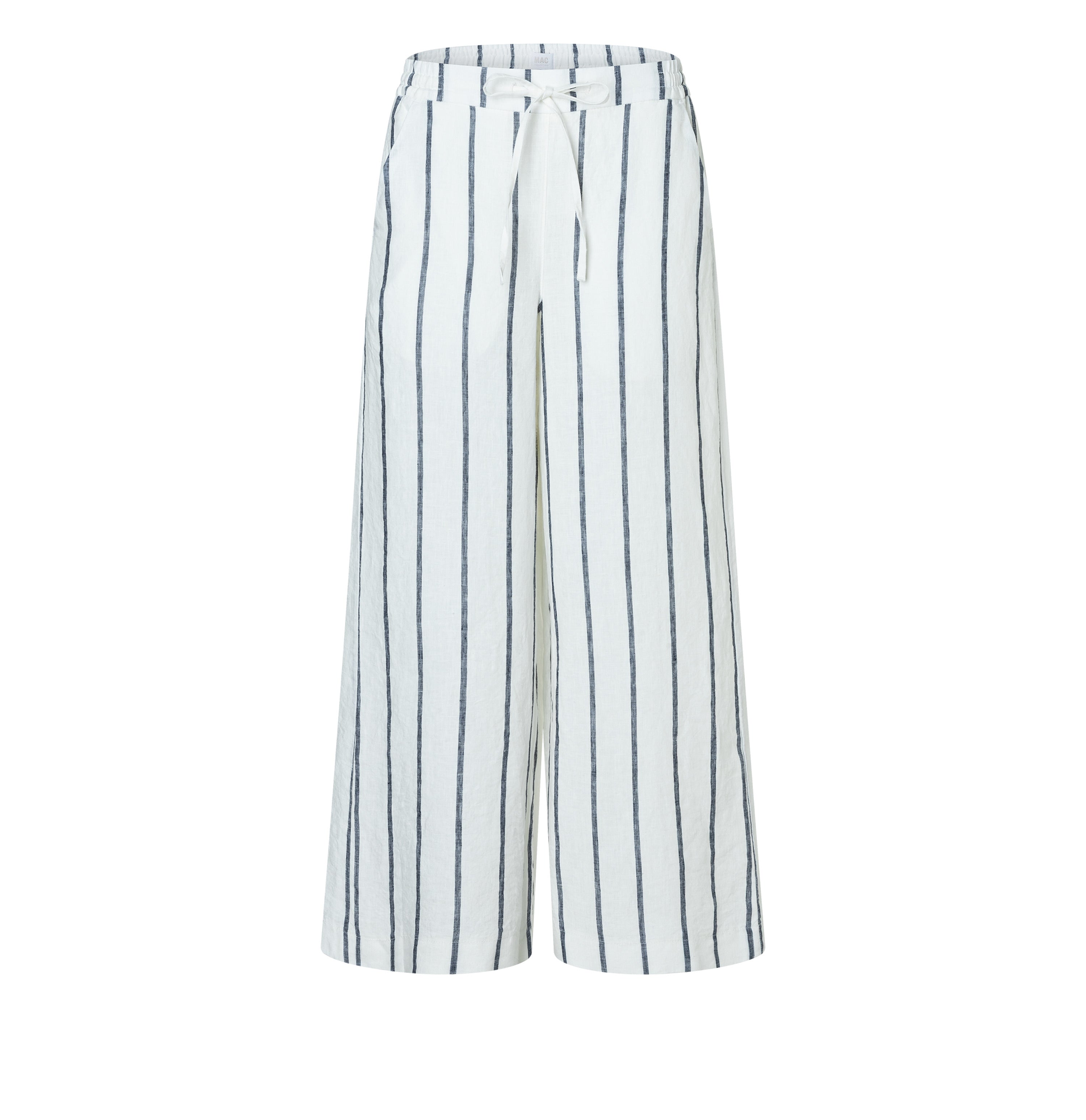 Wide culotte made of pure linen. | CALLIE cropped | marine stripes | Front view of bust