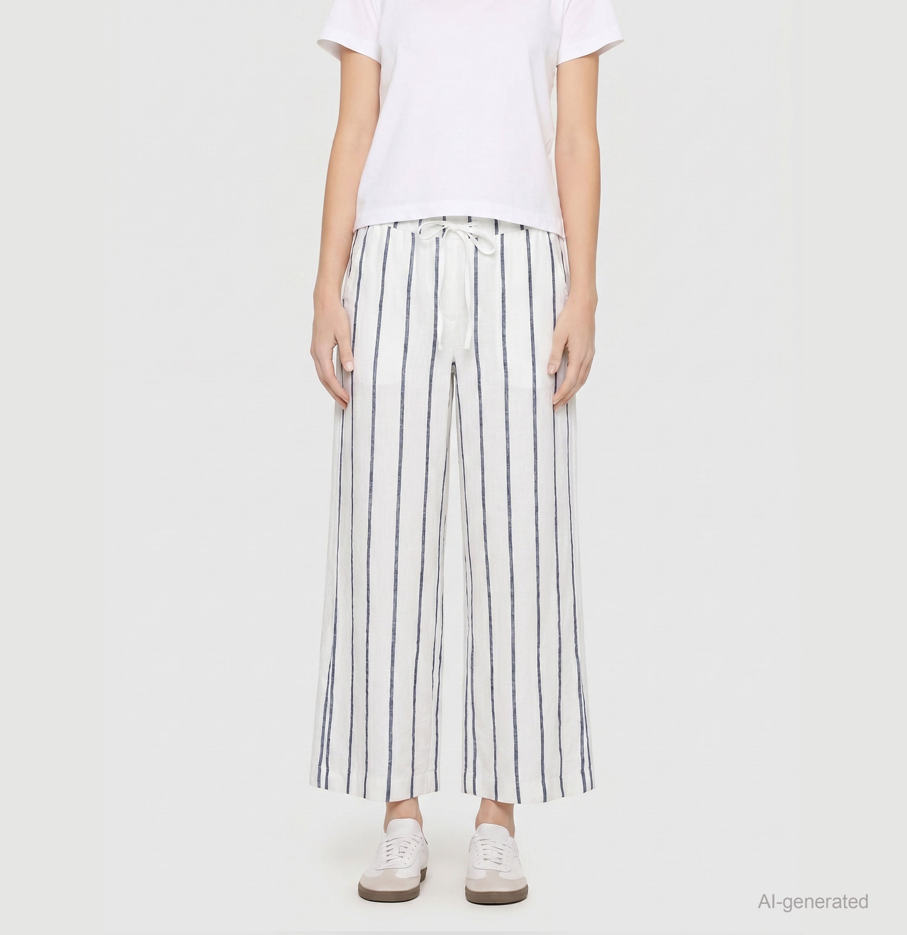 Wide culotte made of pure linen. | CALLIE cropped | marine stripes | Front view of model