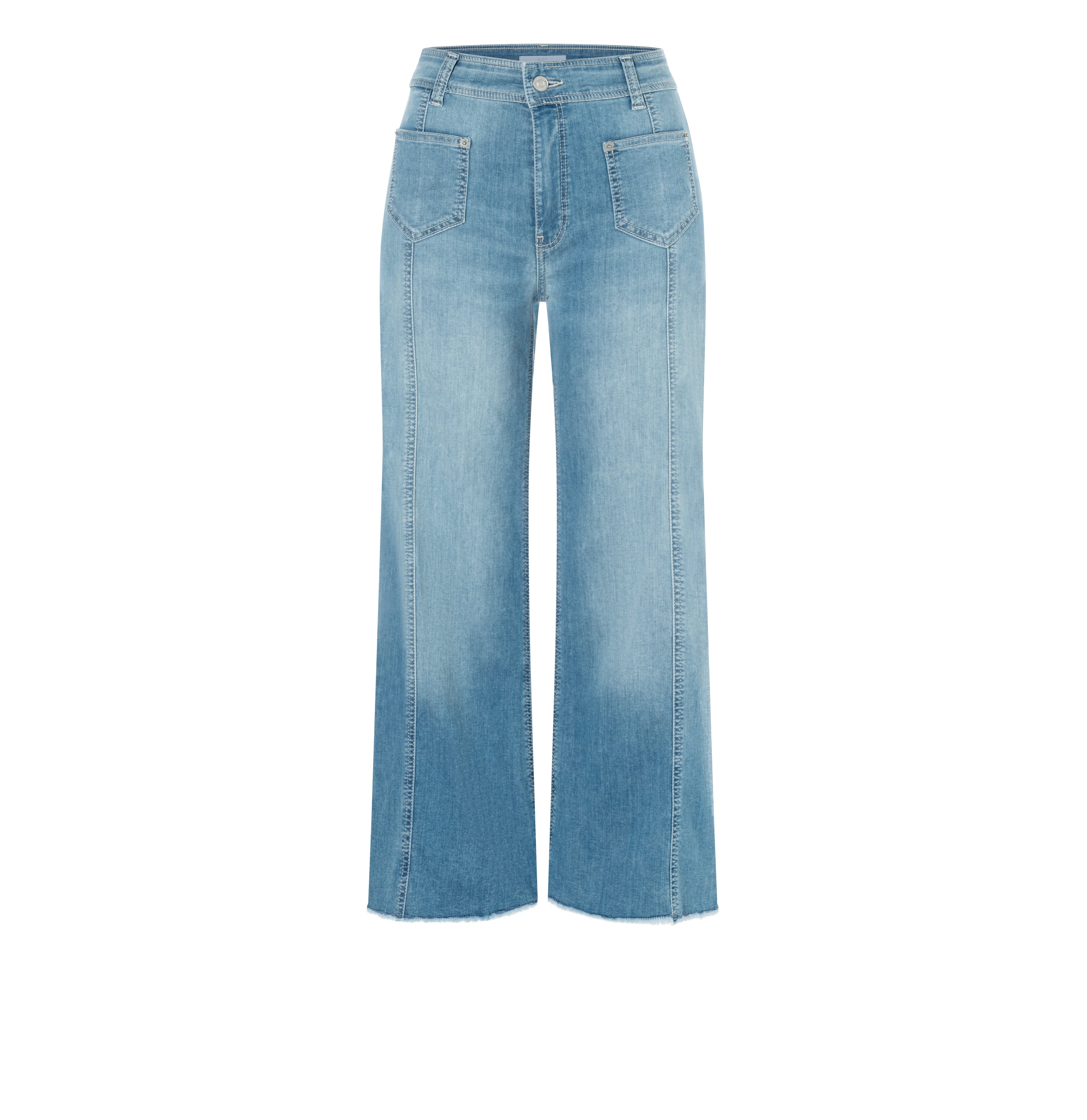 Wide jeans with patch pockets. | JAMIE cropped | blue high-low wash | Front view of bust