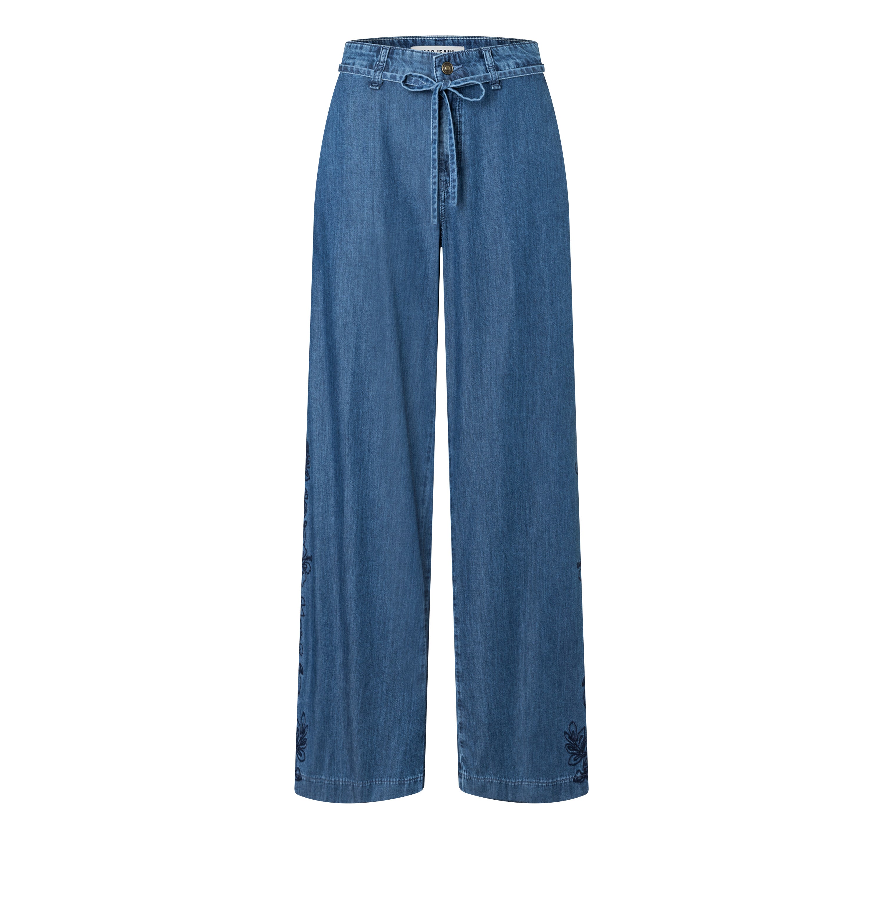 Light, wide jeans with floral embroideries. | WENDY embro | mid blue heritage wash | Front view of bust