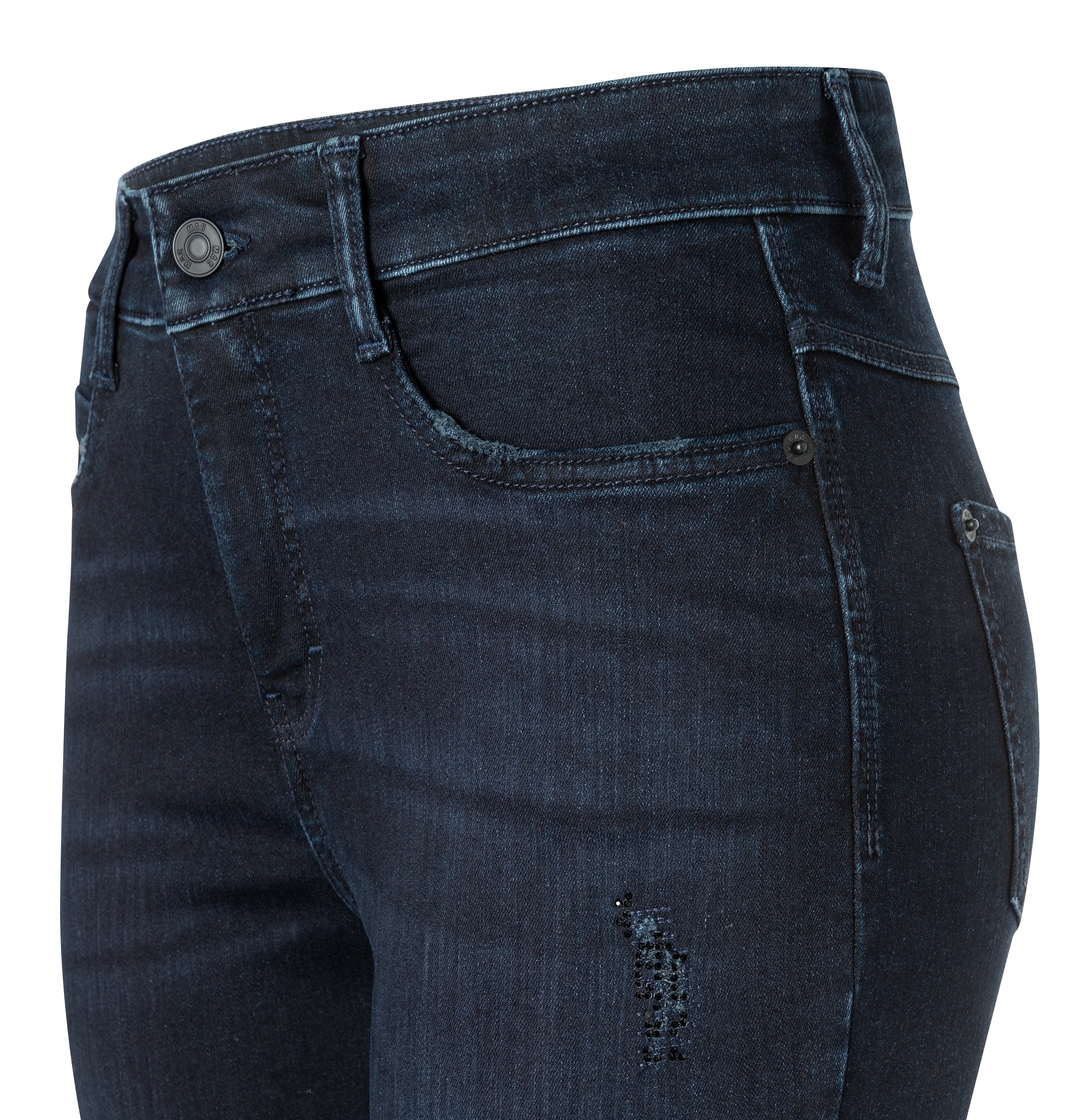 Flexible boot cut jeans with rhinestone details. | S-NAME | S-FBBZ | Side view of bust